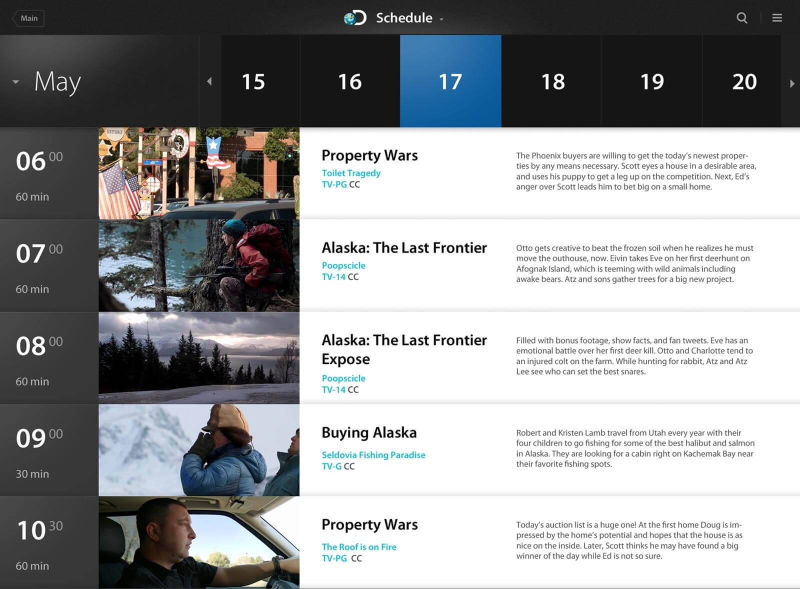 An alternative TV schedule screen for Discovery Channel iPad application