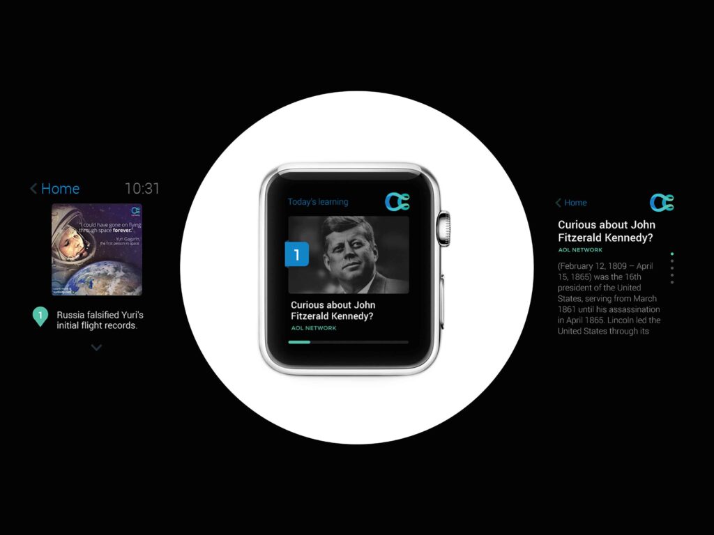 Curiosity.com Apple Watch concept showing daily learning stories, short facts and topic details in a compact wearable interface.