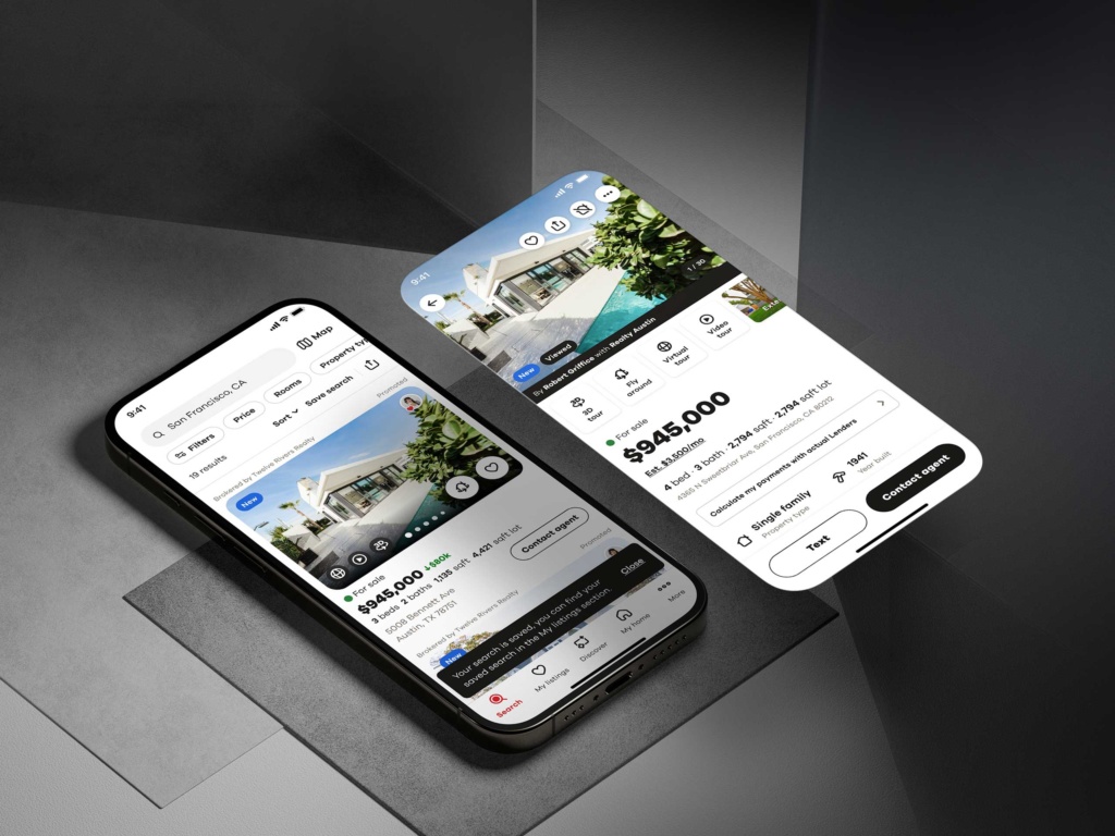 Realtor.com iOS screens showing property search results and a detailed listing interface with access to the immersive FlyAround property experience.