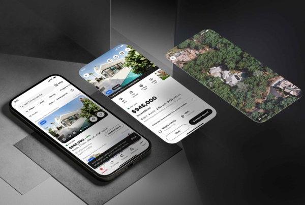 Realtor.com mobile experience showing property search, listing details, and an immersive 3D aerial property view integrated into the home discovery workflow.