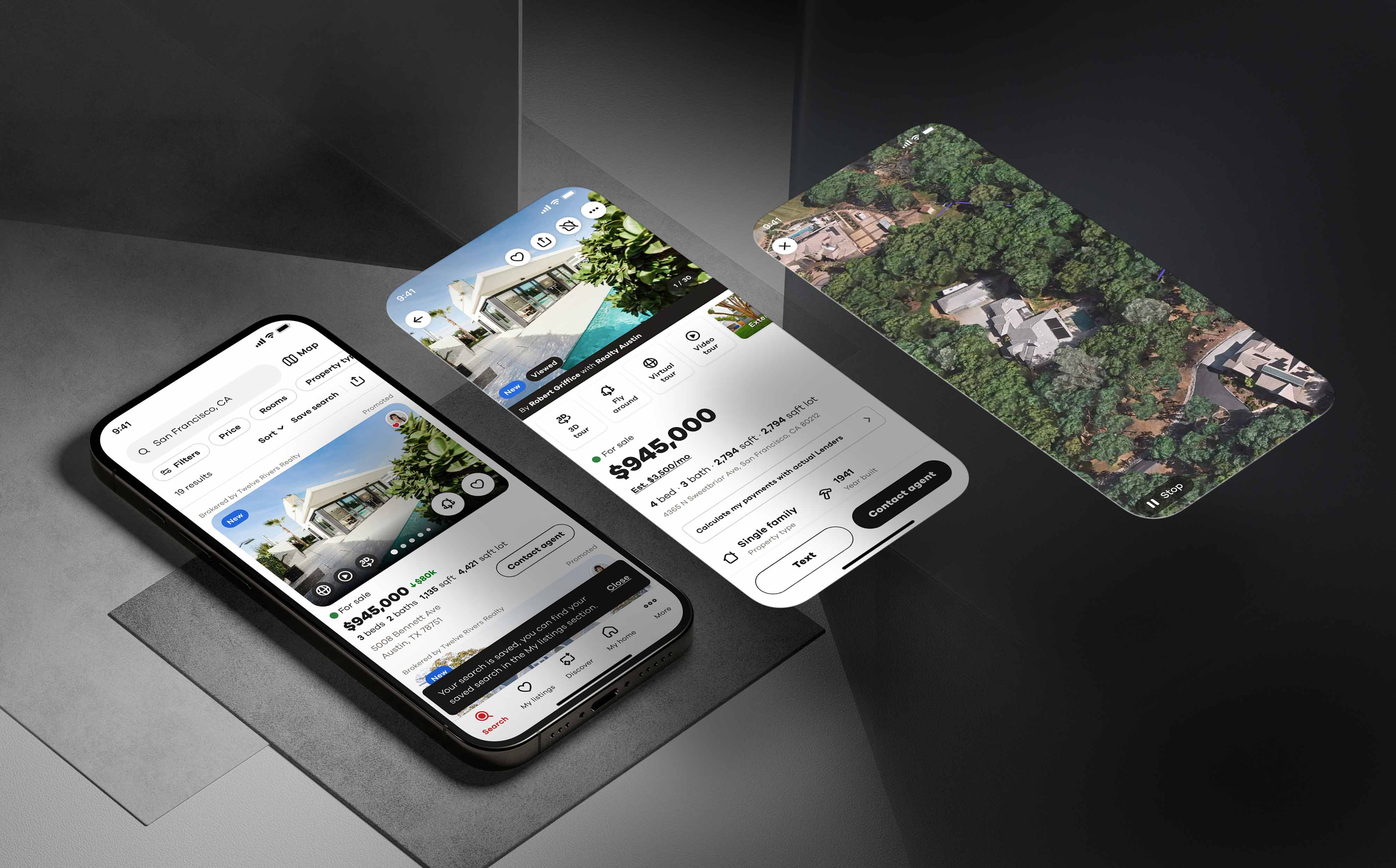 Realtor.com mobile experience showing property search, listing details, and an immersive 3D aerial property view integrated into the home discovery workflow.