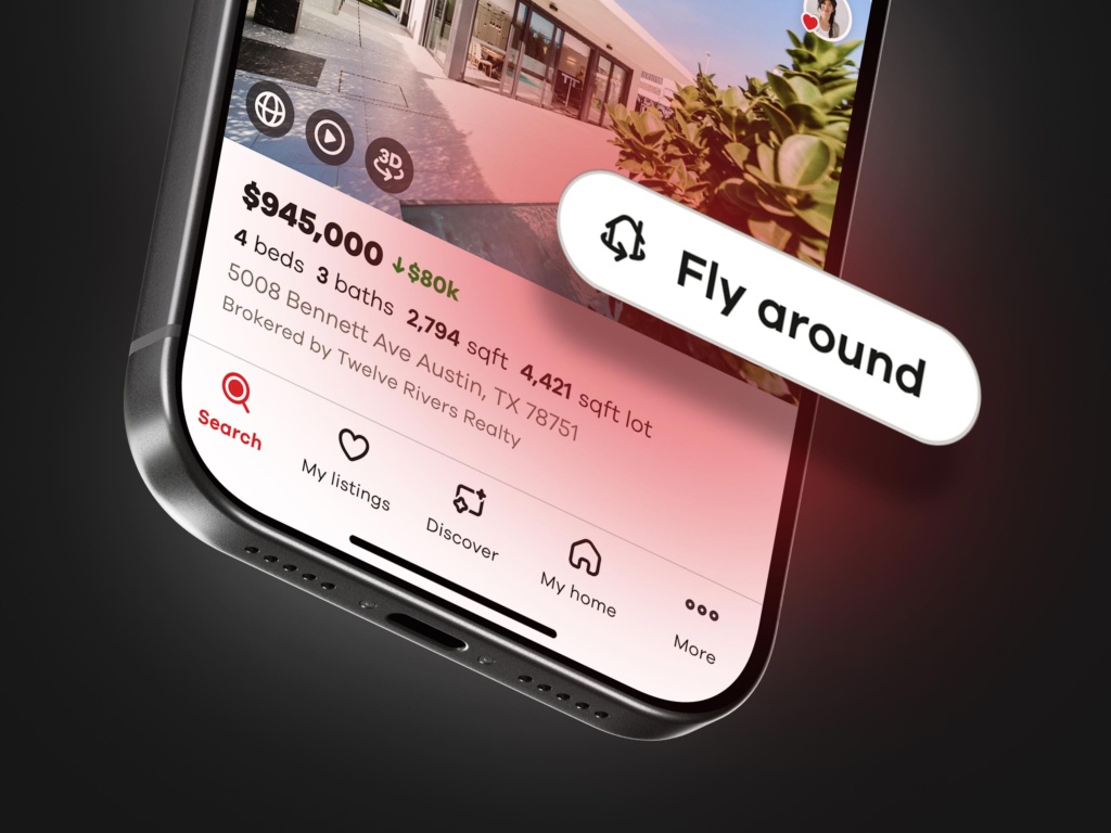 Realtor.com iOS interface featuring the FlyAround action for launching an immersive 3D aerial view of a property and its surroundings.