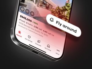 Realtor.com iOS interface featuring the FlyAround action for launching an immersive 3D aerial view of a property and its surroundings.