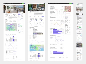 TopHap property details page design explorations showing property information, valuations, market analytics, maps, historical trends, neighborhood data, and responsive layouts.