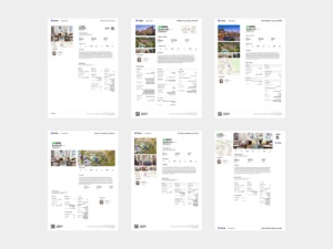 TopHap property report layout explorations showing property photos, valuations, key facts, maps, agent information, descriptions, and detailed property data.