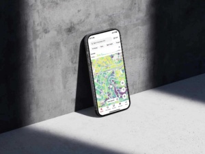 Realtor.com mobile experience featuring a TopHap-powered lot size data layer with color-coded parcel visualization across a San Francisco neighborhood.