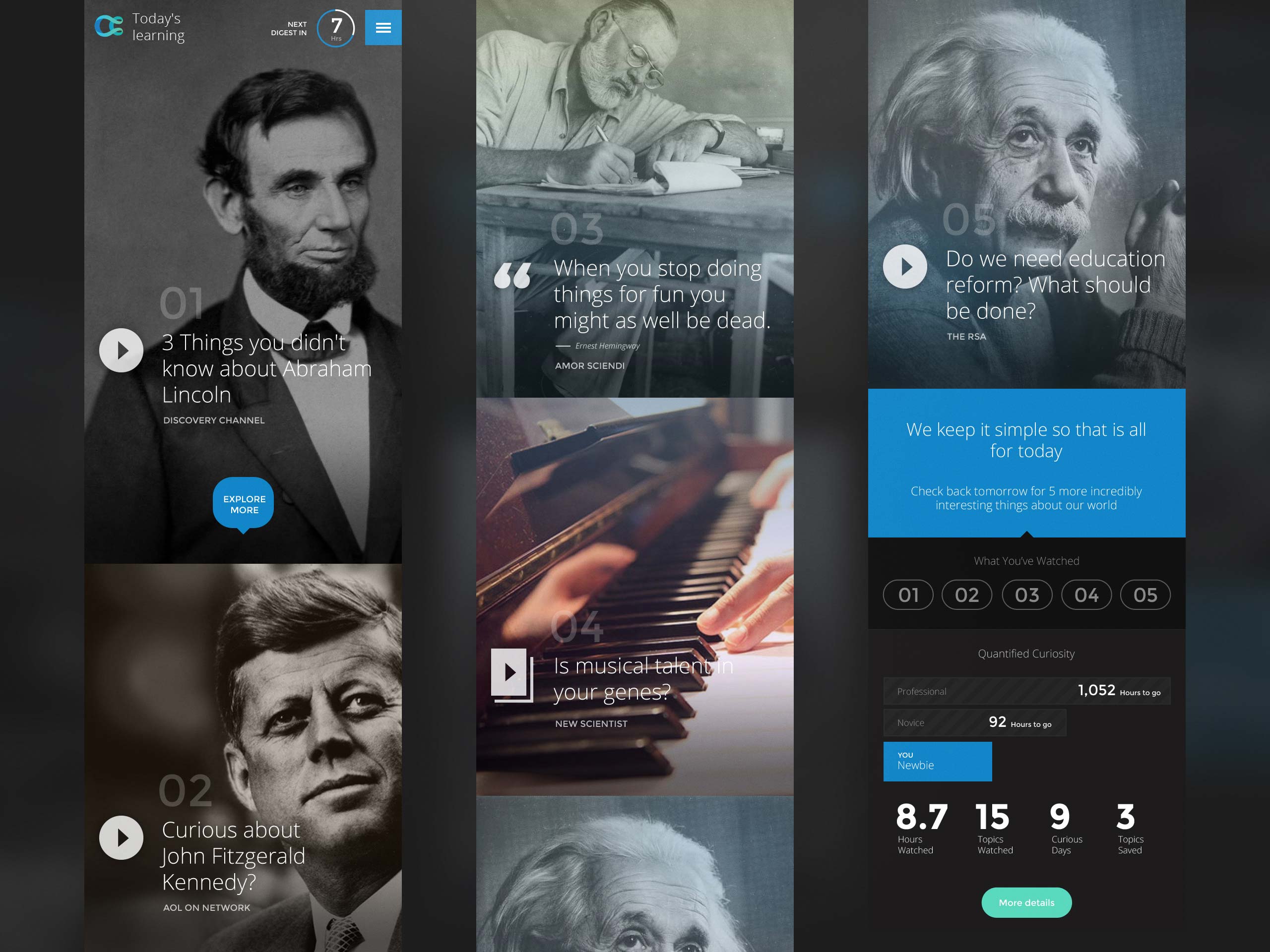 Curiosity mobile digest interface presenting five daily learning stories, a clear end-of-session message and personal viewing statistics.