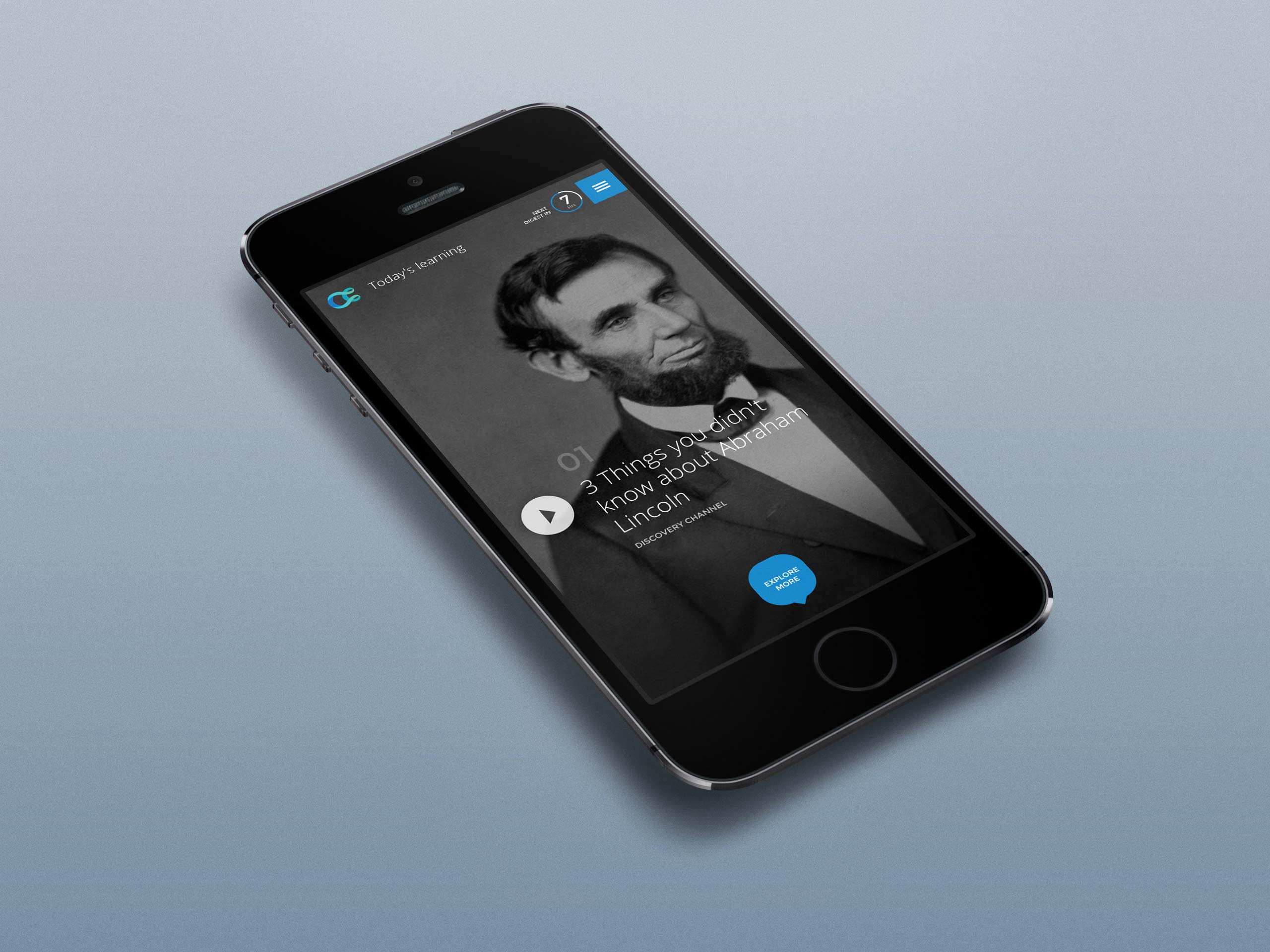Curiosity.com mobile daily digest featuring an educational story about Abraham Lincoln on a smartphone.