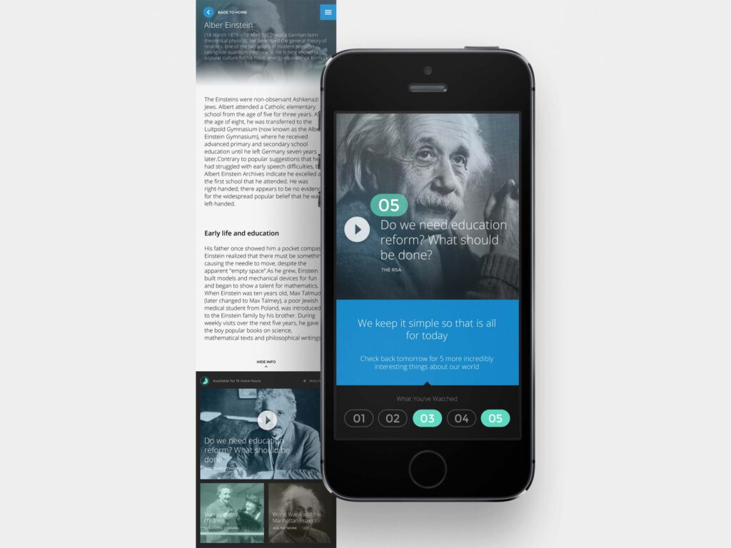 Curiosity mobile digest showing an Albert Einstein topic page alongside the final daily story and completed viewing progress.