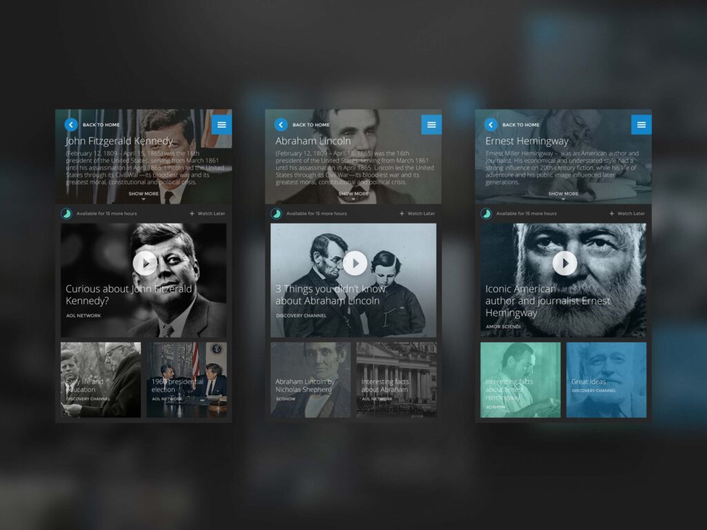 Curiosity mobile topic pages for John F. Kennedy, Abraham Lincoln and Ernest Hemingway, combining short biographies with featured and related videos.