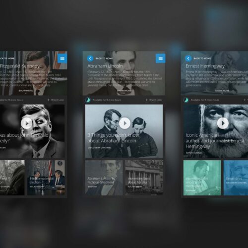 Curiosity mobile topic pages for John F. Kennedy, Abraham Lincoln and Ernest Hemingway, combining short biographies with featured and related videos.