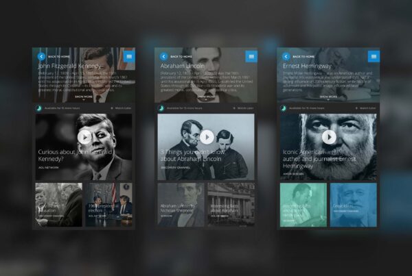 Curiosity mobile topic pages for John F. Kennedy, Abraham Lincoln and Ernest Hemingway, combining short biographies with featured and related videos.