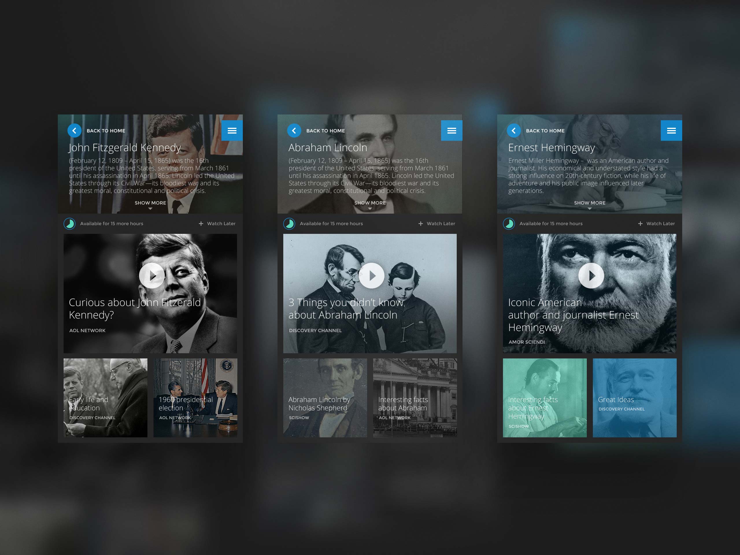 Curiosity mobile topic pages for John F. Kennedy, Abraham Lincoln and Ernest Hemingway, combining short biographies with featured and related videos.