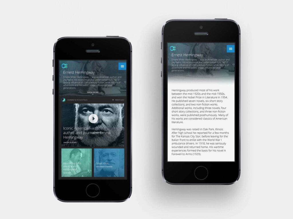 Curiosity.com mobile topic experience for Ernest Hemingway, showing a featured video, related content and an expanded biographical article.