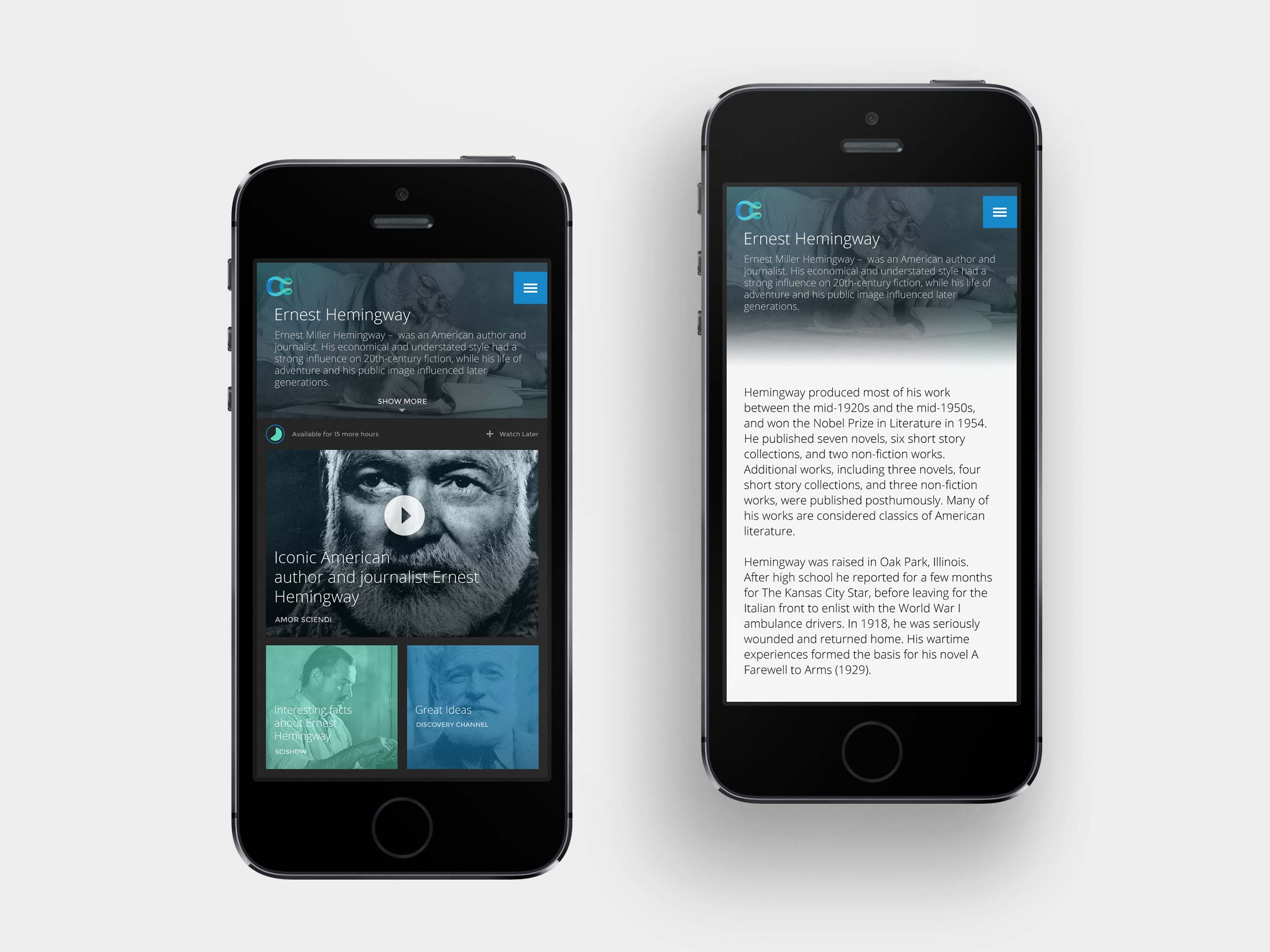 Curiosity.com mobile topic experience for Ernest Hemingway, showing a featured video, related content and an expanded biographical article.