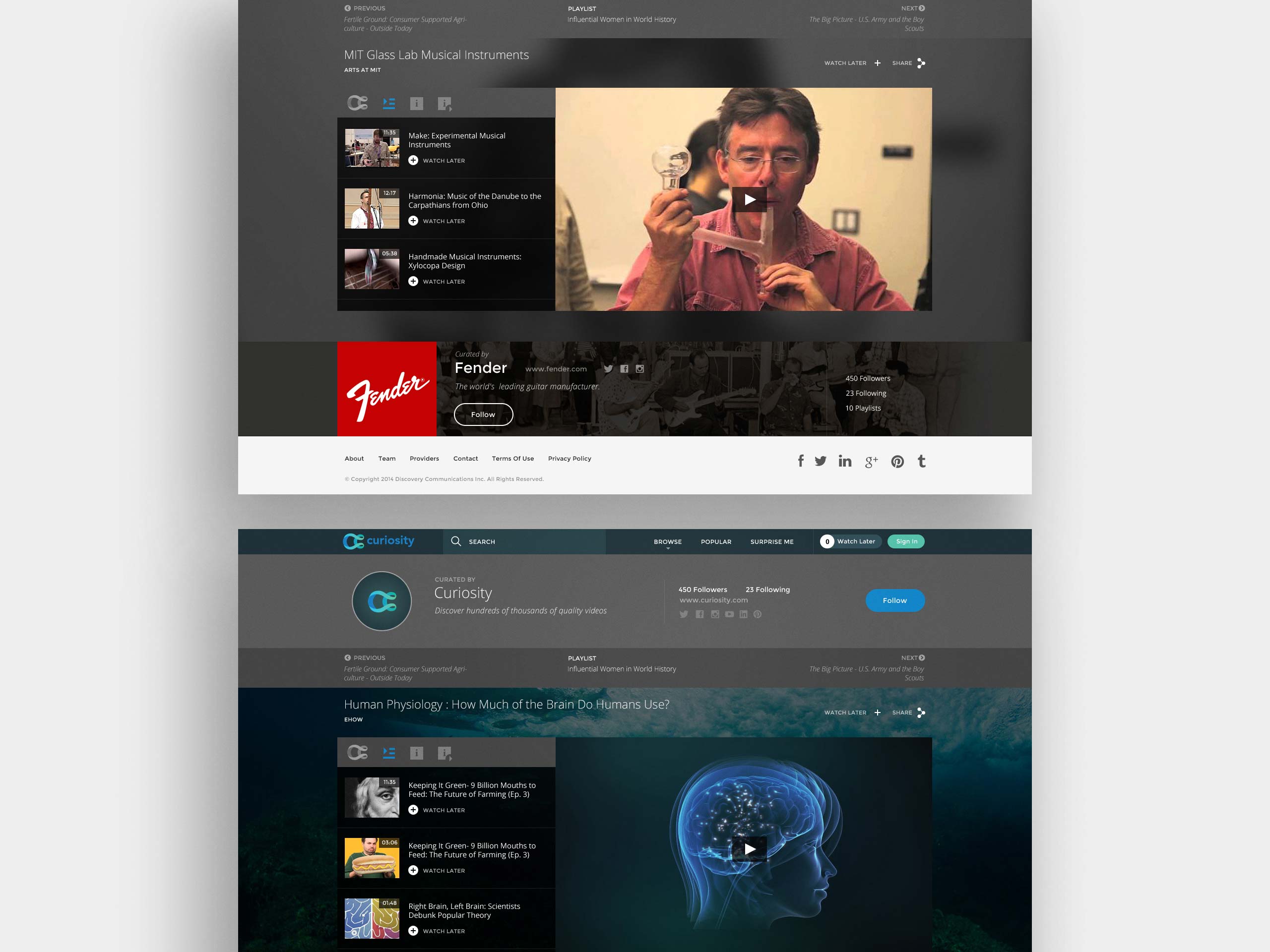 Two Curiosity playlist concepts featuring educational videos, episode navigation and curator profiles for Fender and Curiosity.