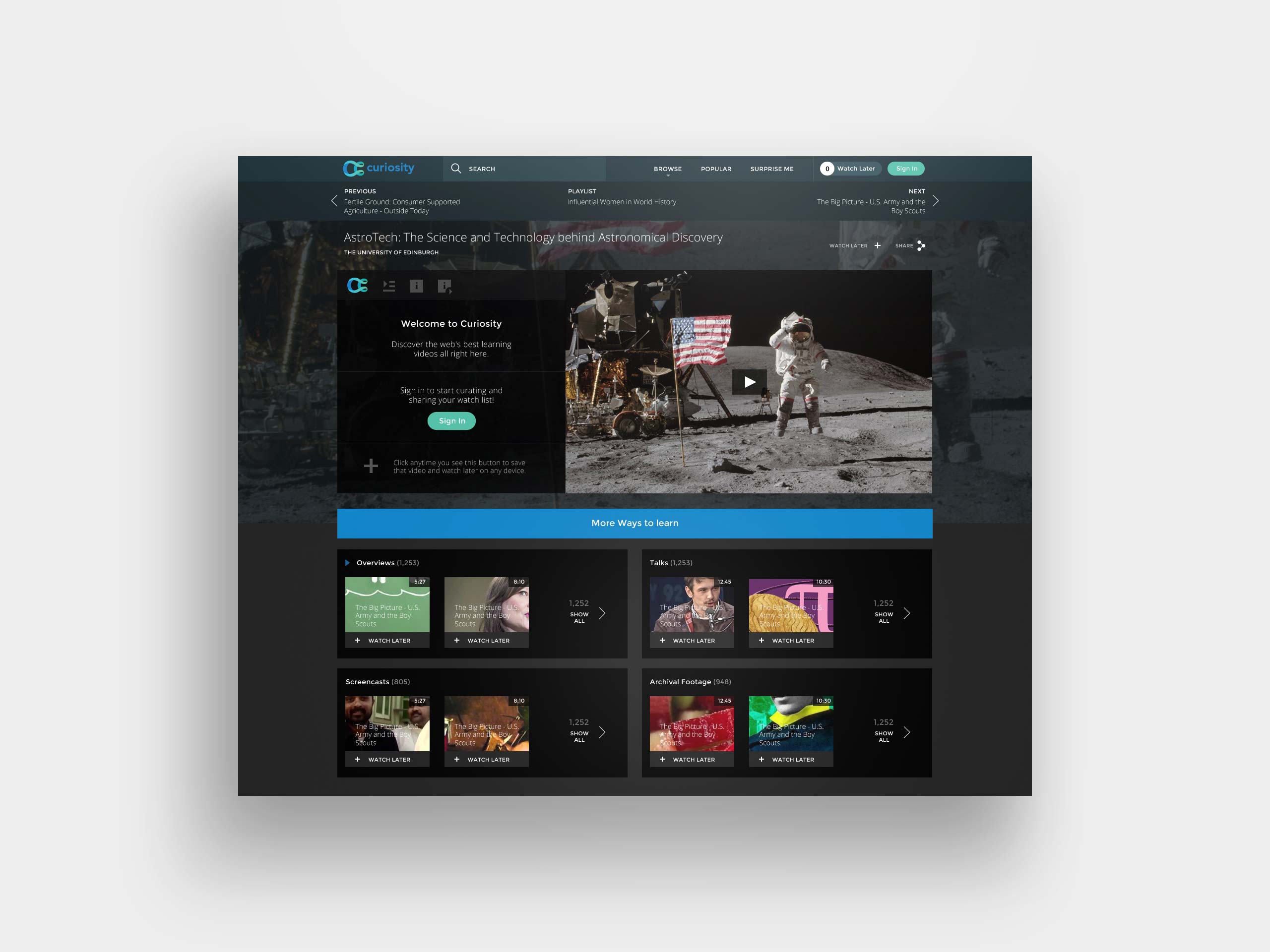Curiosity video playlist interface featuring an astronomy video, watch-later controls and related learning content.