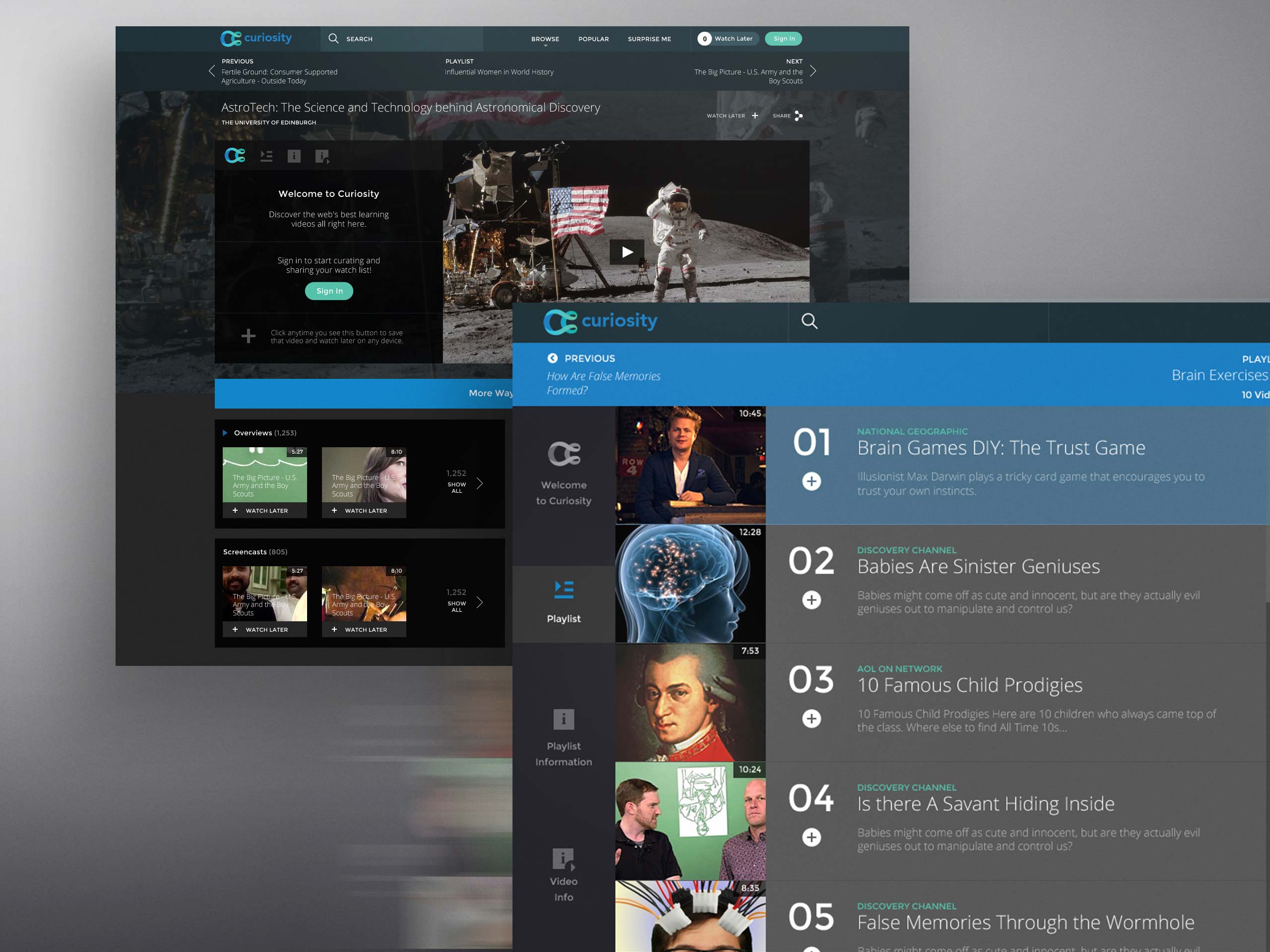 Curiosity playlist interface showing a video player, related learning categories and an expanded list of educational videos.