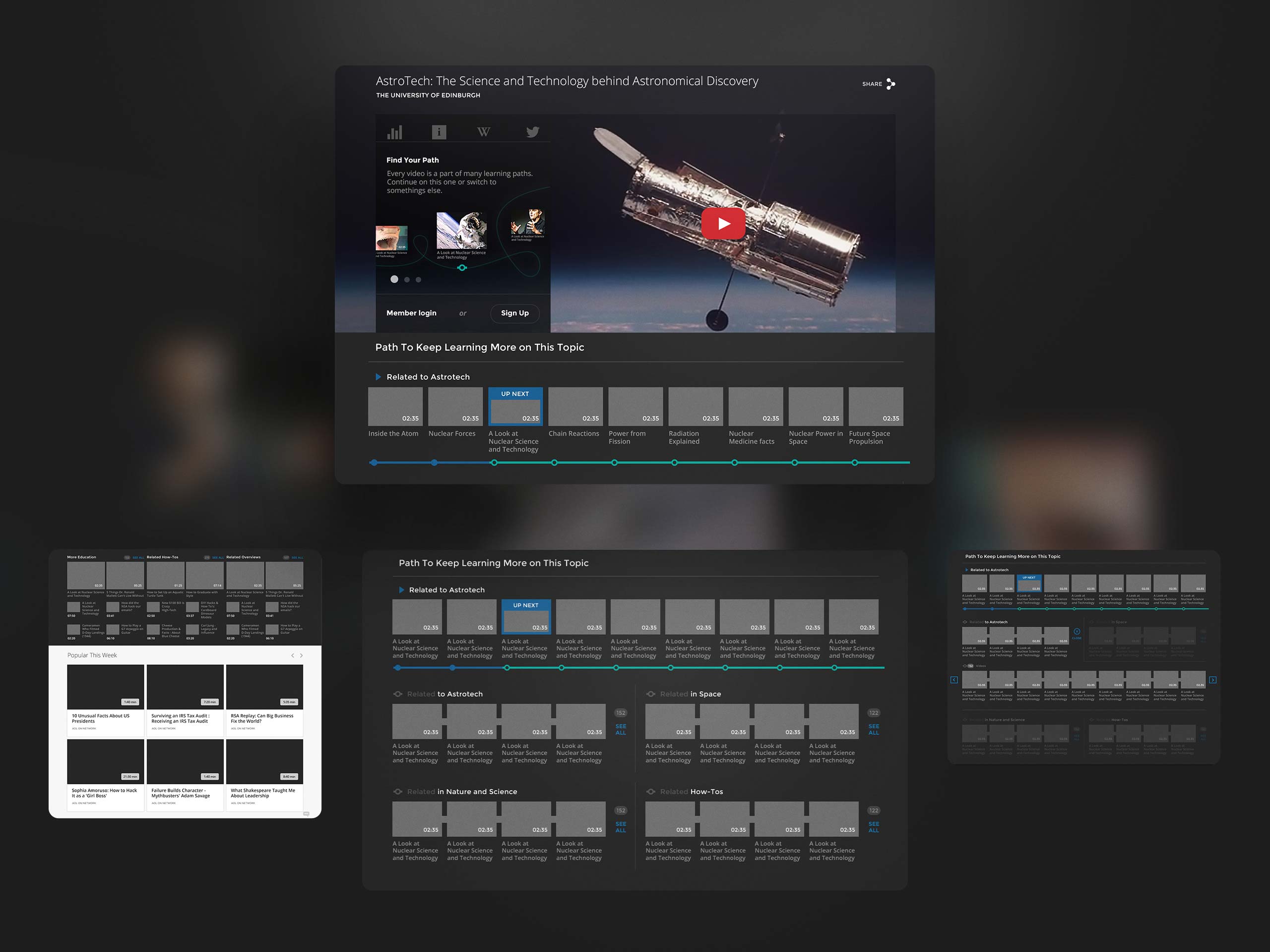 Curiosity learning-path concepts showing how related videos connect into structured topic journeys across multiple interface layouts.