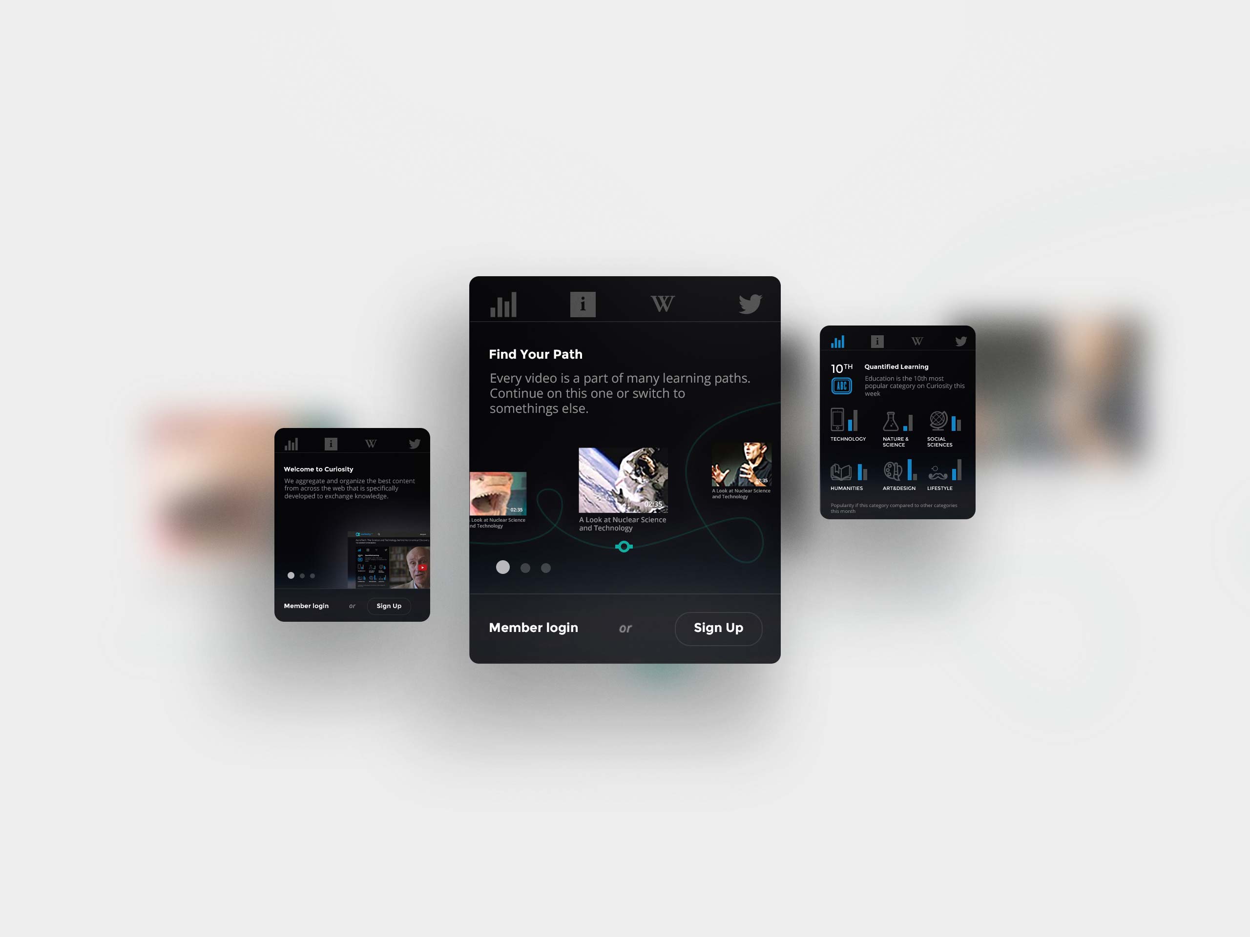 Curiosity onboarding interface introducing learning paths, content categories and personalized progress across multiple screen sizes.