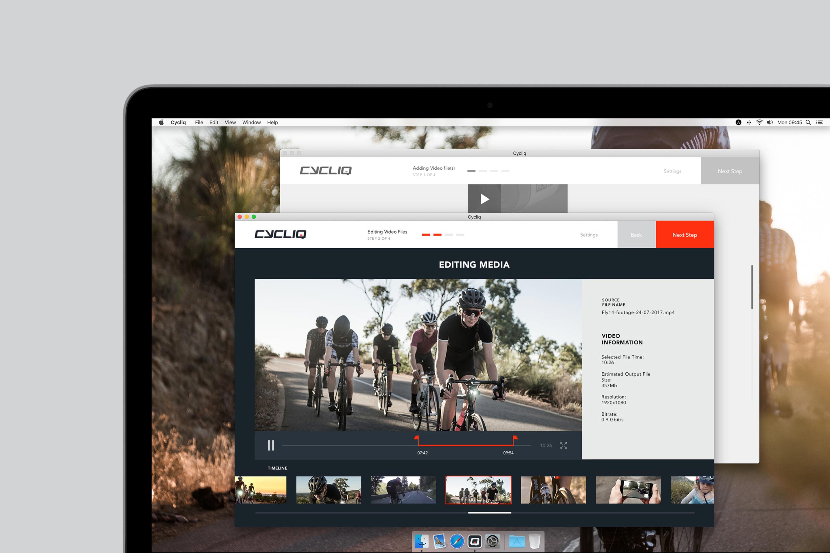 Cycliq desktop application video editor showing cycling footage, timeline controls, and video information