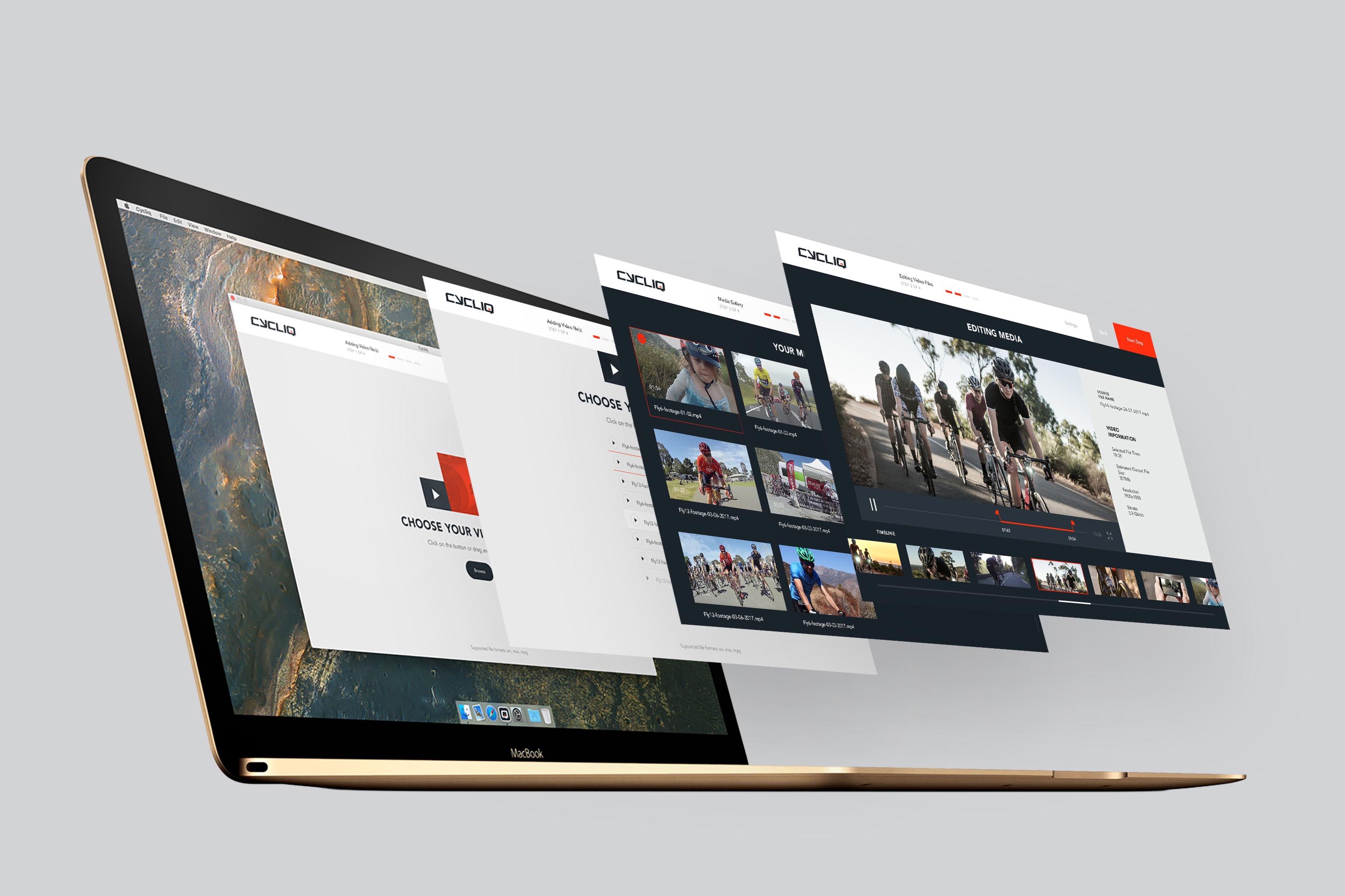 Cycliq desktop application screens showing the video import, media gallery, and editing workflow on a MacBook