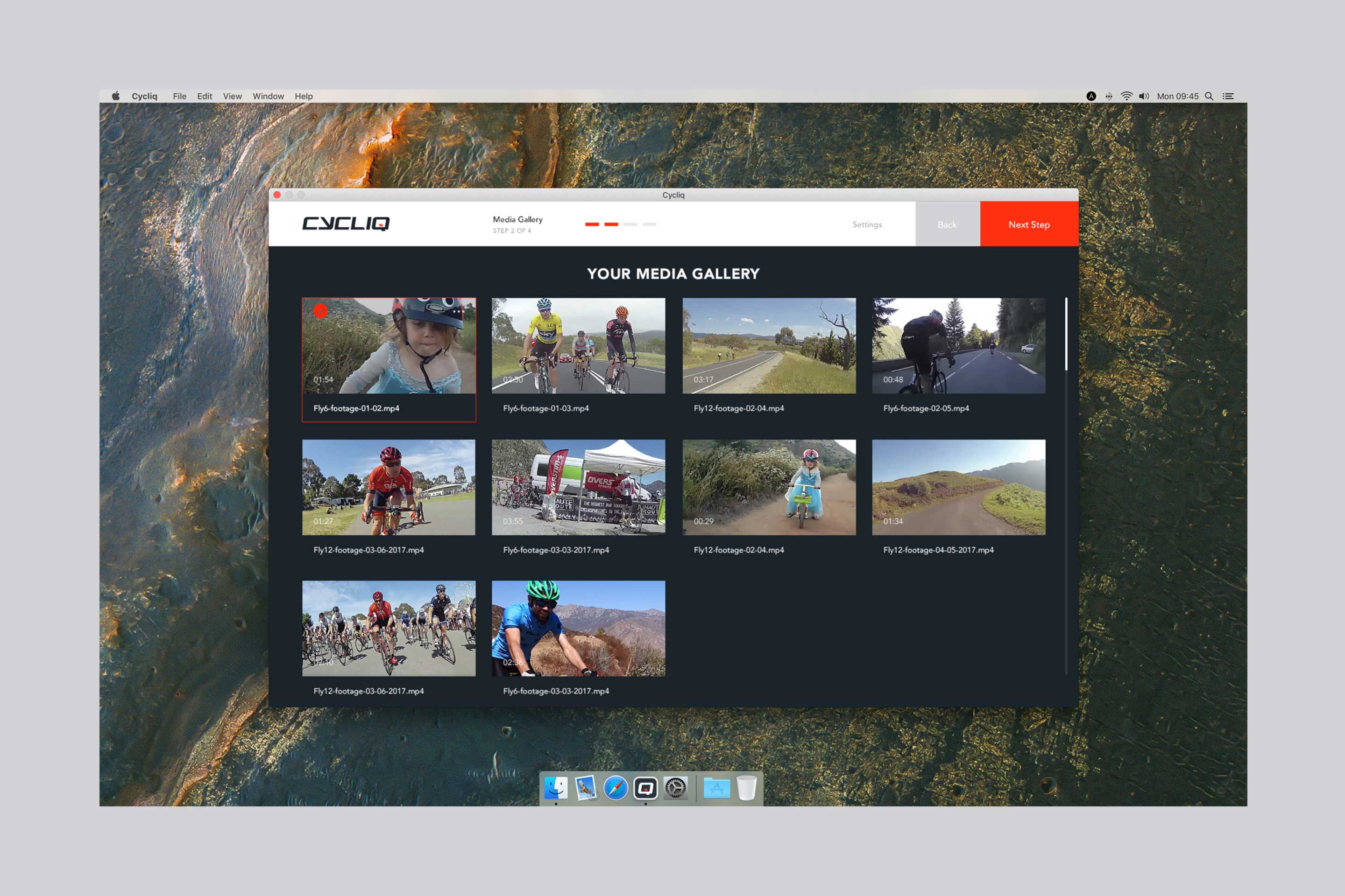Cycliq desktop application media gallery showing imported cycling videos as thumbnail previews