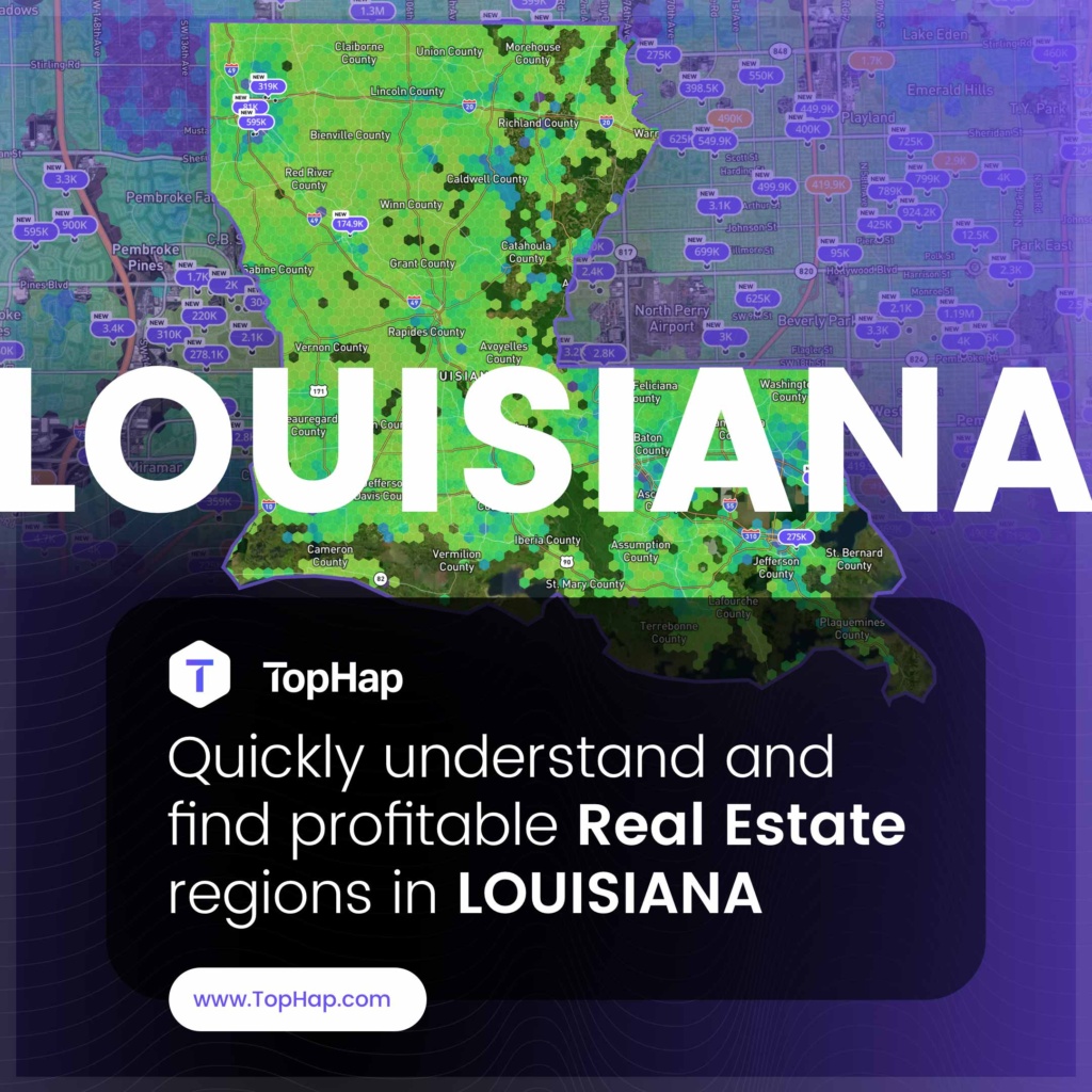Instagram-1080px-1080px-1028 TopHap real estate analytics heat map highlighting property and market data across Louisiana.
