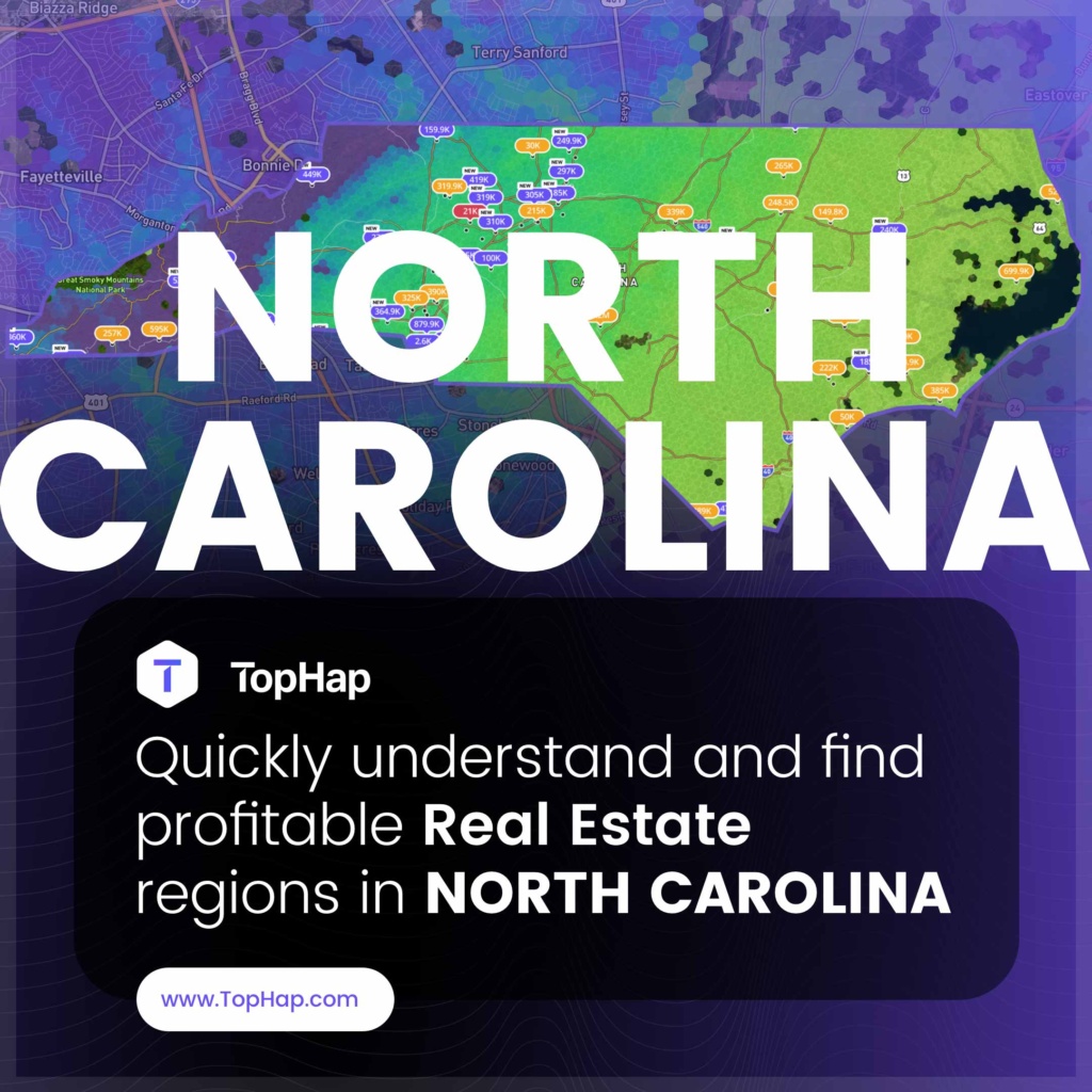 TopHap North Carolina Real Estate Market Analytics Design TopHap real estate analytics heat map highlighting property values and regional market data across North Carolina.