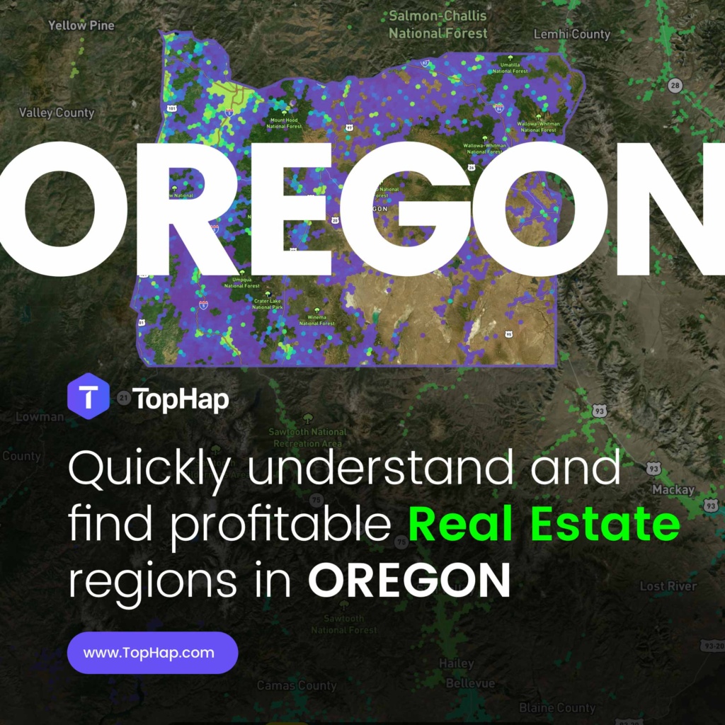 TopHap Oregon Real Estate Market Analytics Design TopHap real estate analytics heat map highlighting property and regional market data across Oregon.