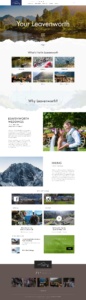 Full Leavenworth.org homepage design featuring destination photography, activity discovery, editorial content, weddings, hiking, social media, blog content, newsletter signup, and travel planning links.
