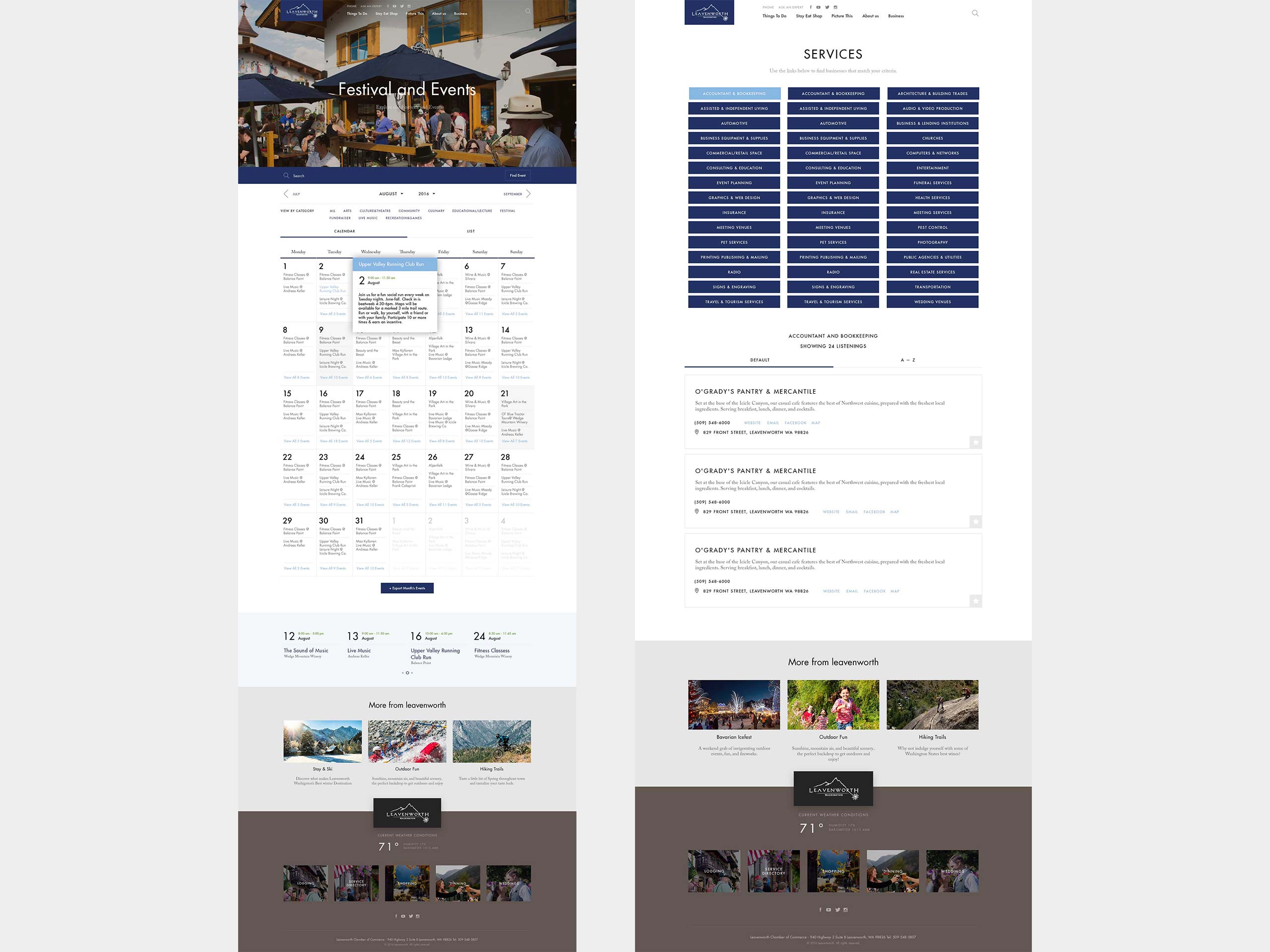 Leavenworth.org Events Calendar and Local Services directory interface designed for clear browsing of events and local businesses.