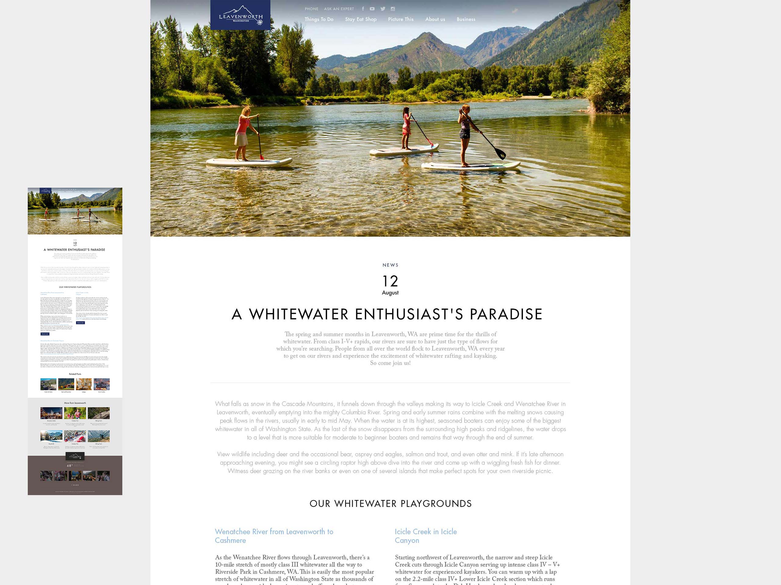 Leavenworth.org editorial article page featuring paddleboarding on the Wenatchee River and travel content about whitewater recreation in Leavenworth, Washington.