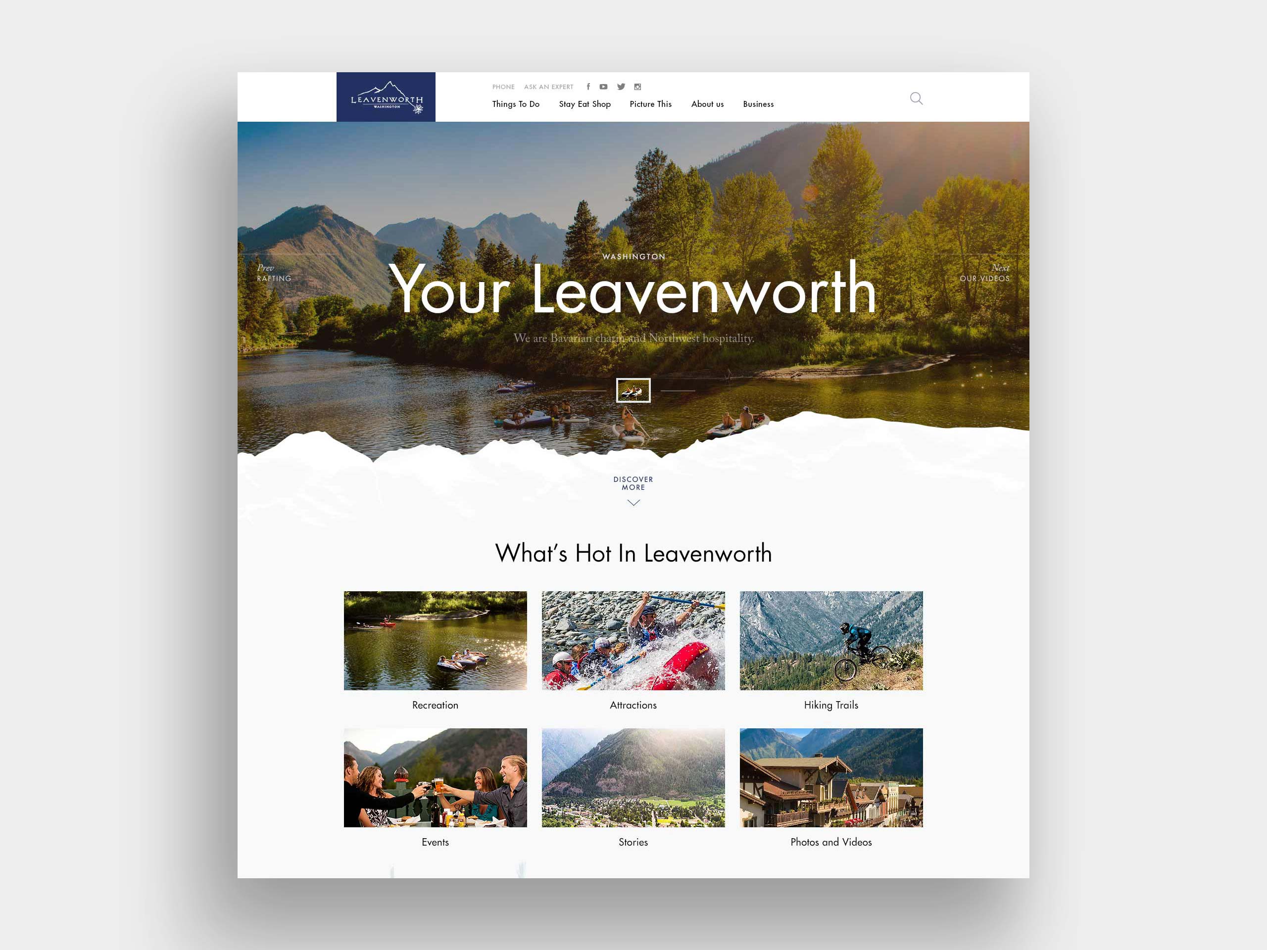 Leavenworth.org homepage design featuring a full-width mountain landscape, river recreation, and visual links to activities, events, stories, and local attractions.