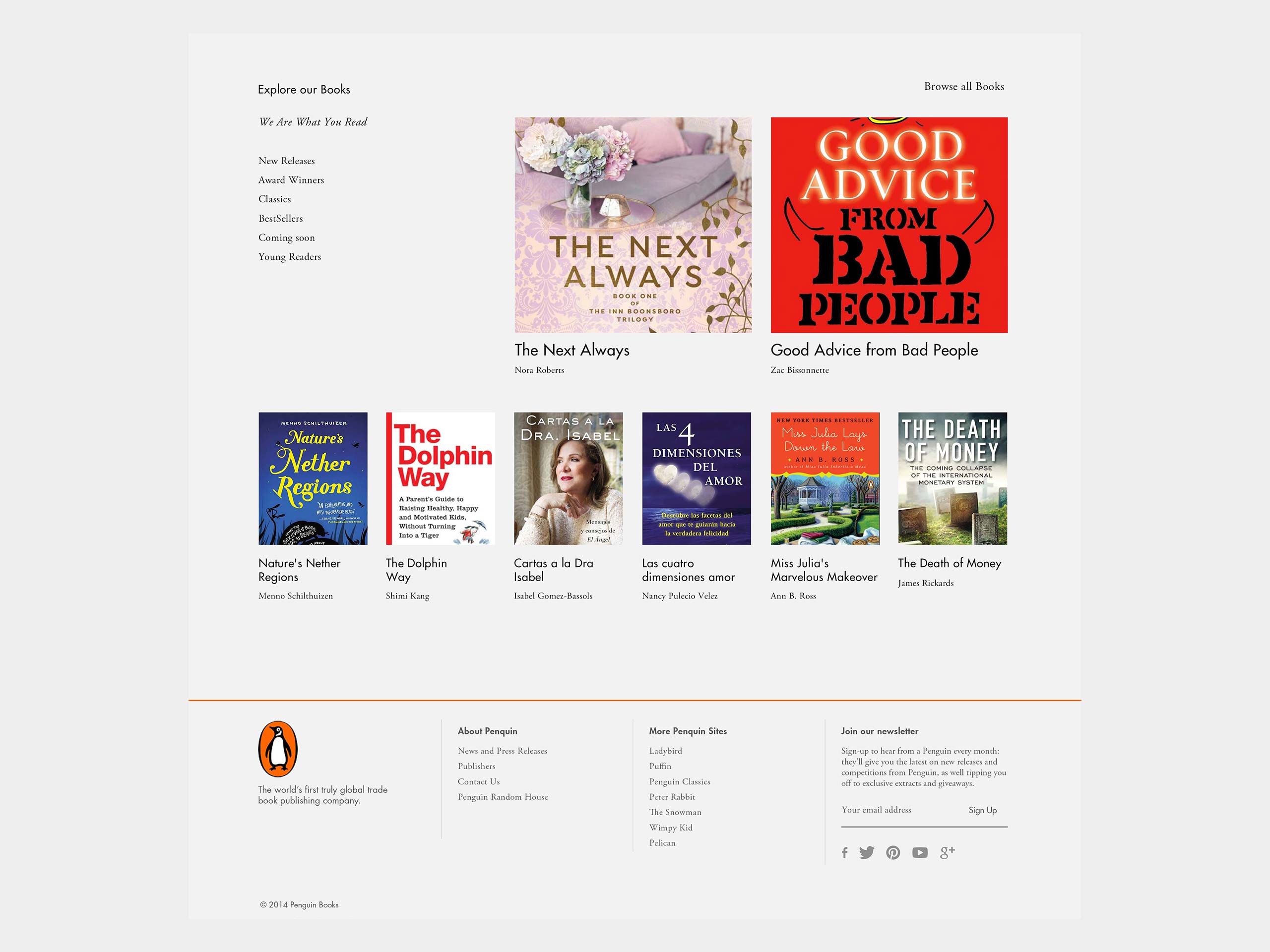 Penguin Random House book discovery section featuring category navigation, highlighted titles, book covers, newsletter signup, and footer links.
