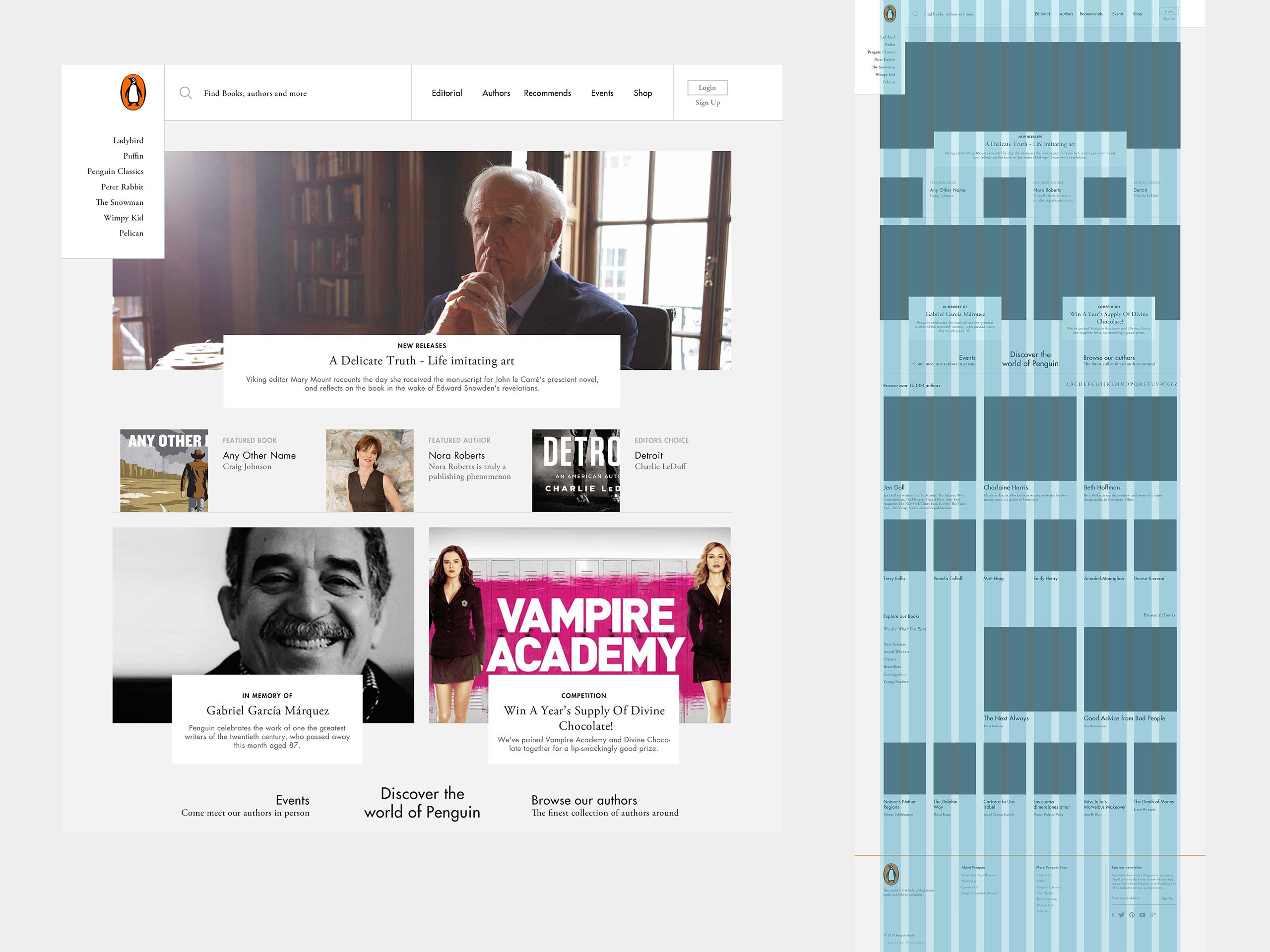 Penguin Random House homepage concept shown alongside its column grid, highlighting the structure behind editorial features, author content, and book discovery modules.