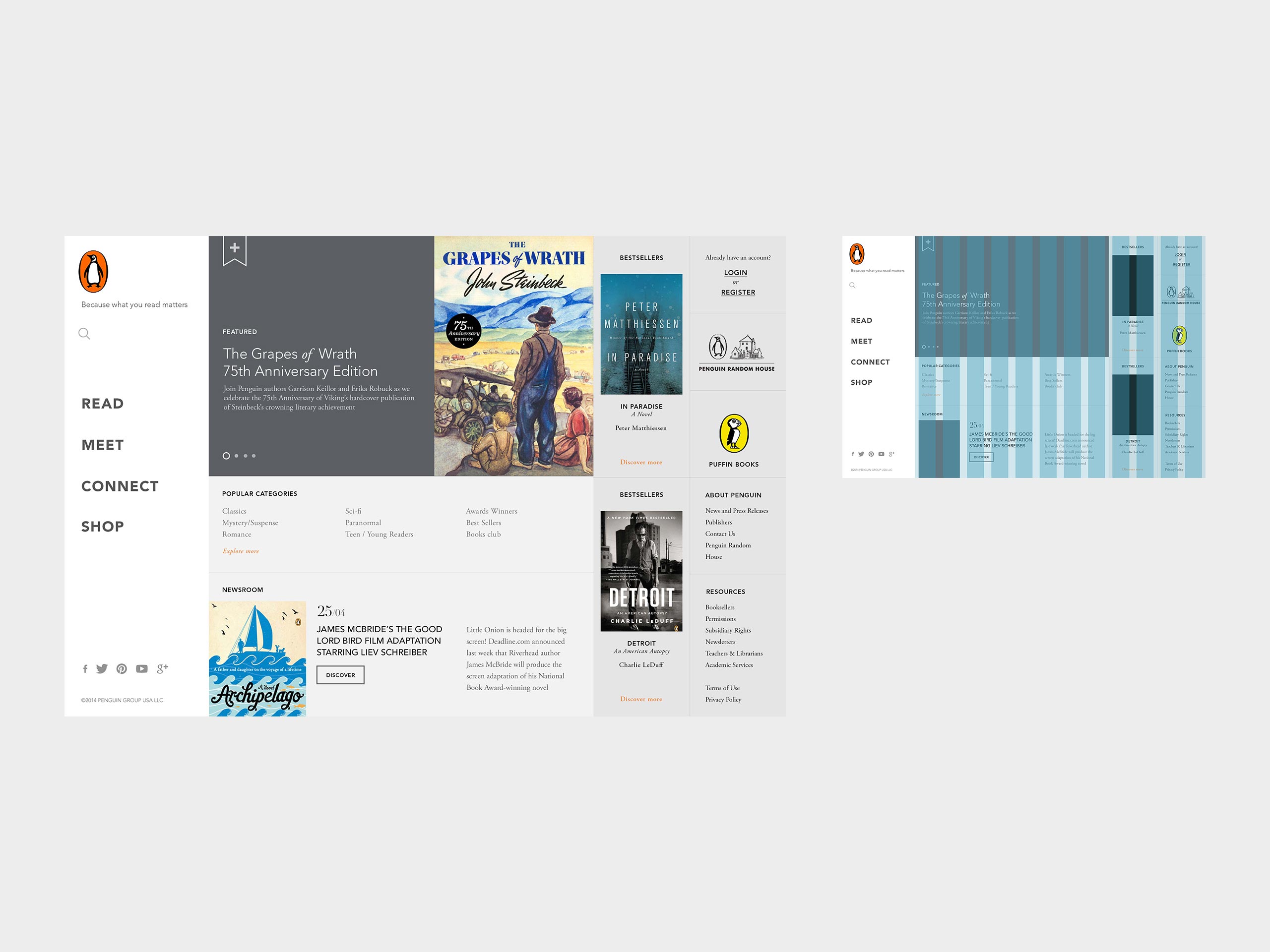 Penguin Random House homepage concept shown alongside a grid overlay illustrating the structure and alignment of the modular layout.