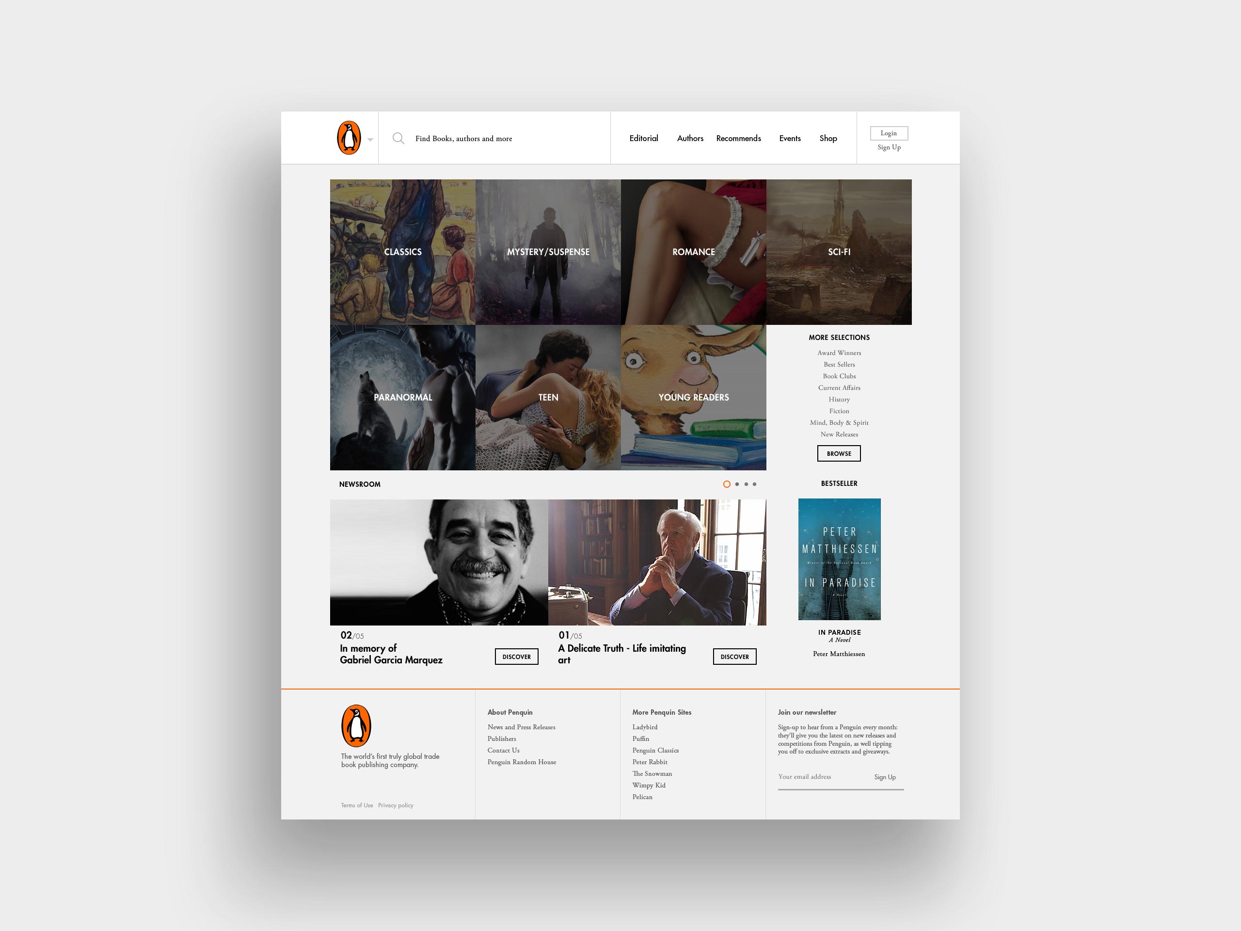 Penguin Random House homepage revision featuring genre-based book discovery, newsroom stories, a bestseller module, and supporting navigation.