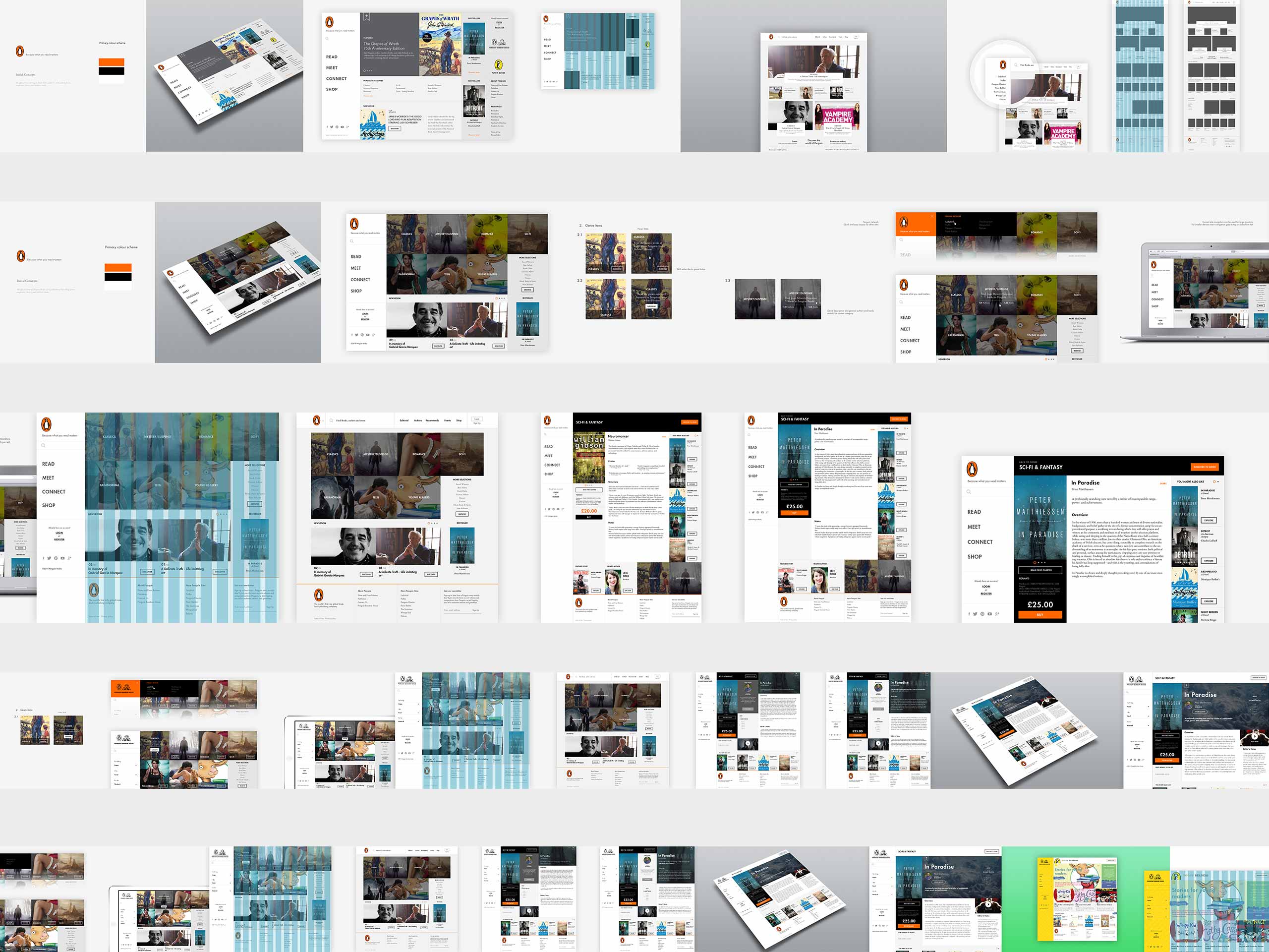 Penguin Random House concept boards showing multiple homepage, category, product detail, grid, and mockup explorations across several design revision rounds.