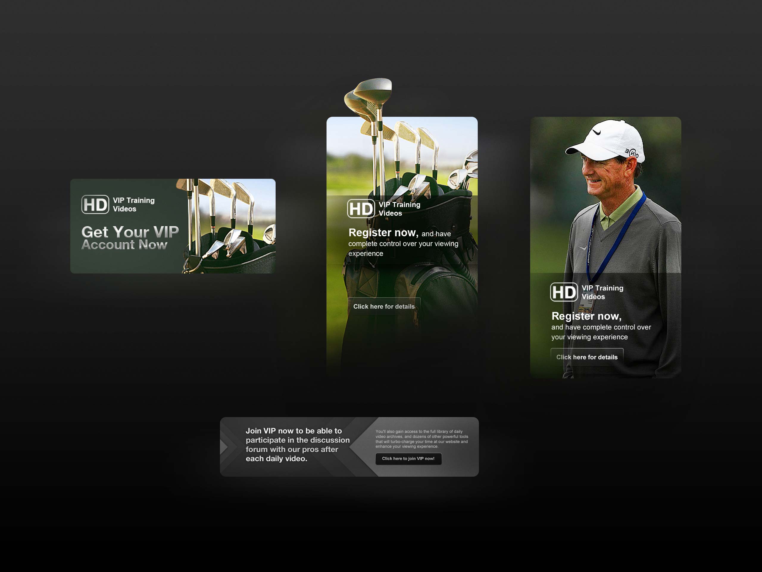 Revolution Golf VIP Training promotional banners featuring golf clubs, a golf instructor, and membership registration calls to action.
