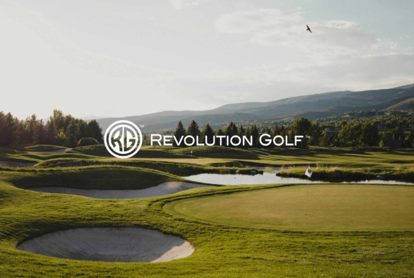 Revolution Golf logo displayed over a scenic golf course landscape, showcasing the platform’s visual identity.