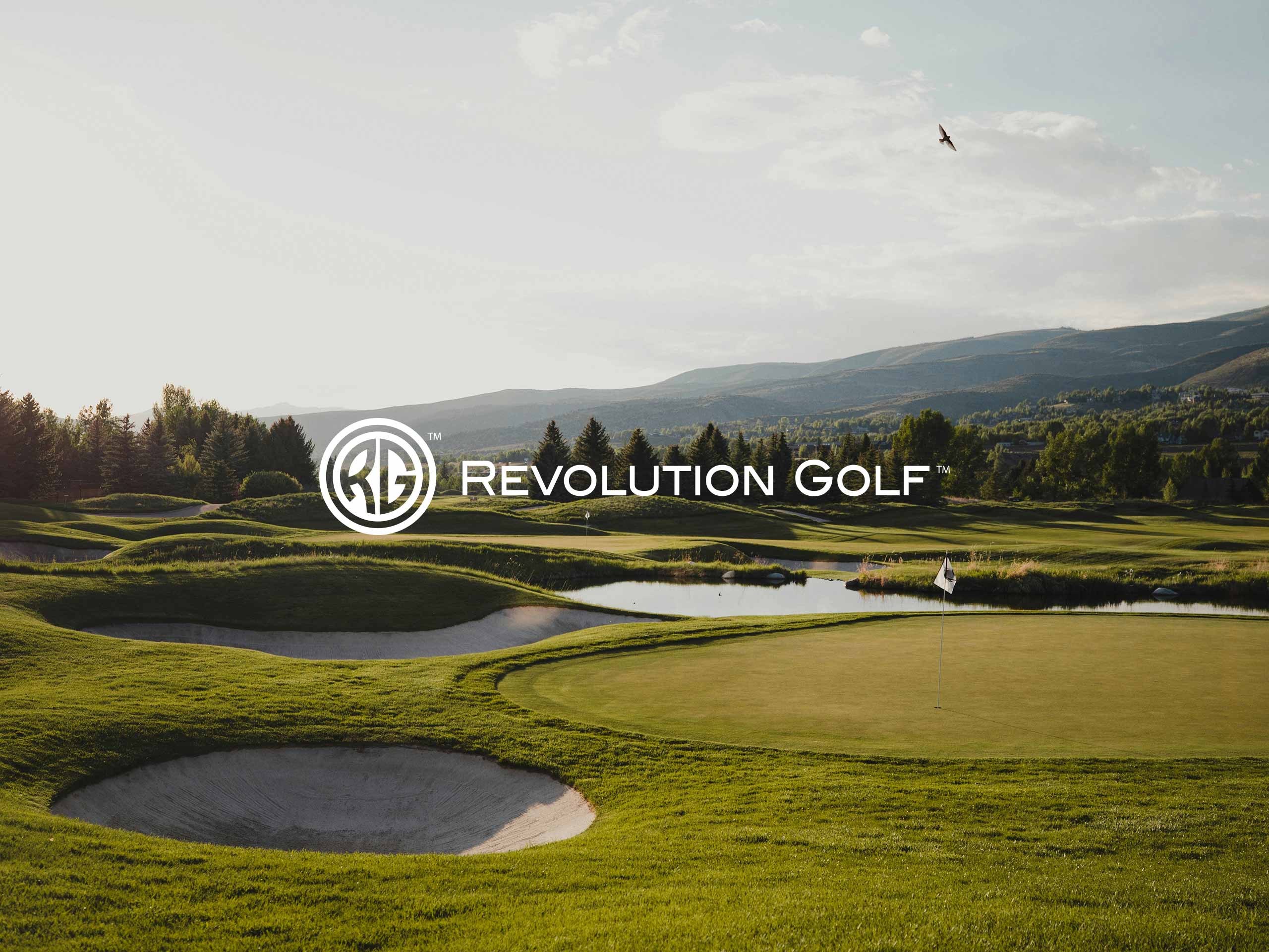 Revolution Golf logo displayed over a scenic golf course landscape, showcasing the platform’s visual identity.