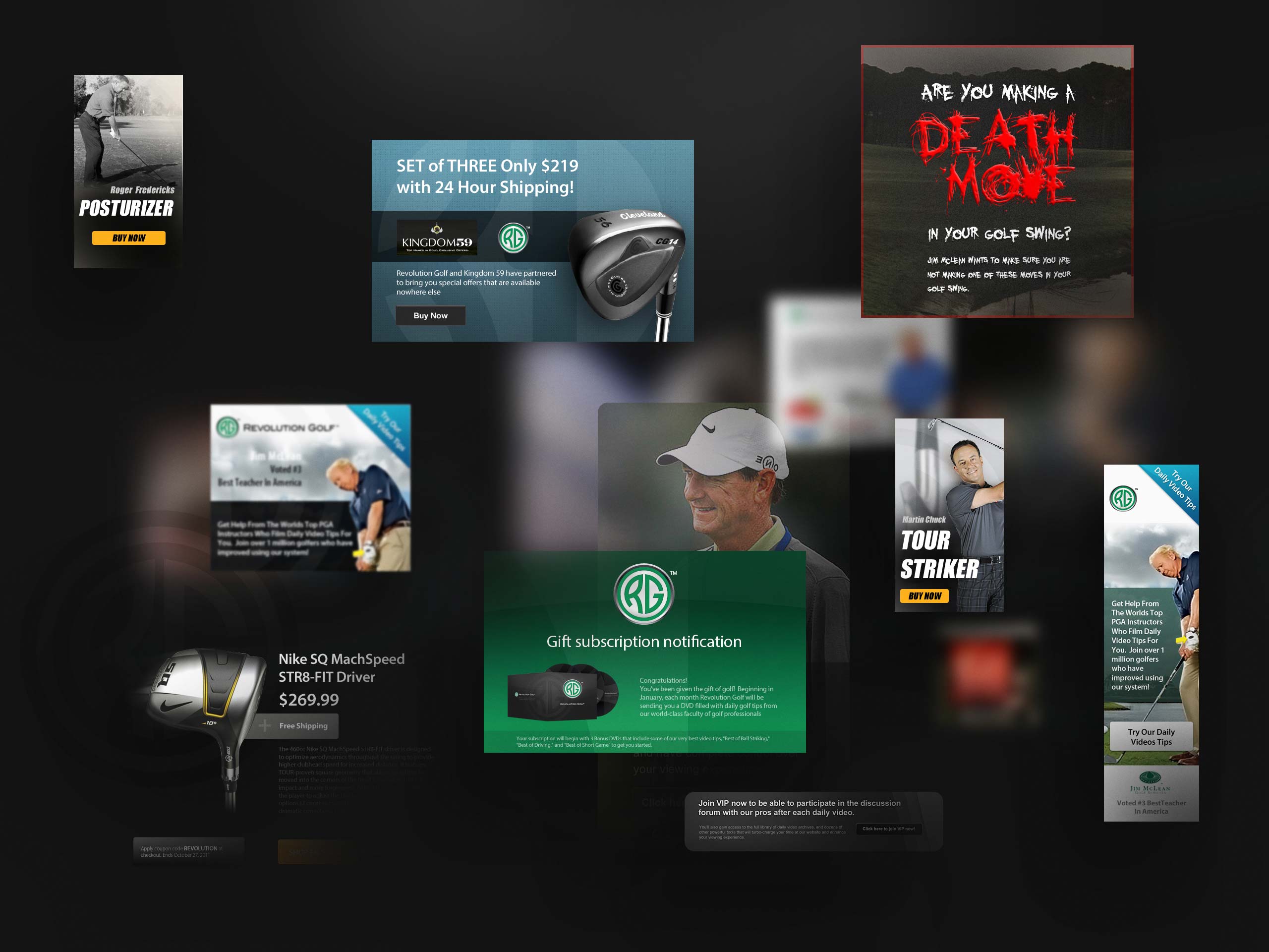 Collection of Revolution Golf promotional banners featuring golf training programs, equipment offers, gift subscriptions, instructor content, and membership calls to action.