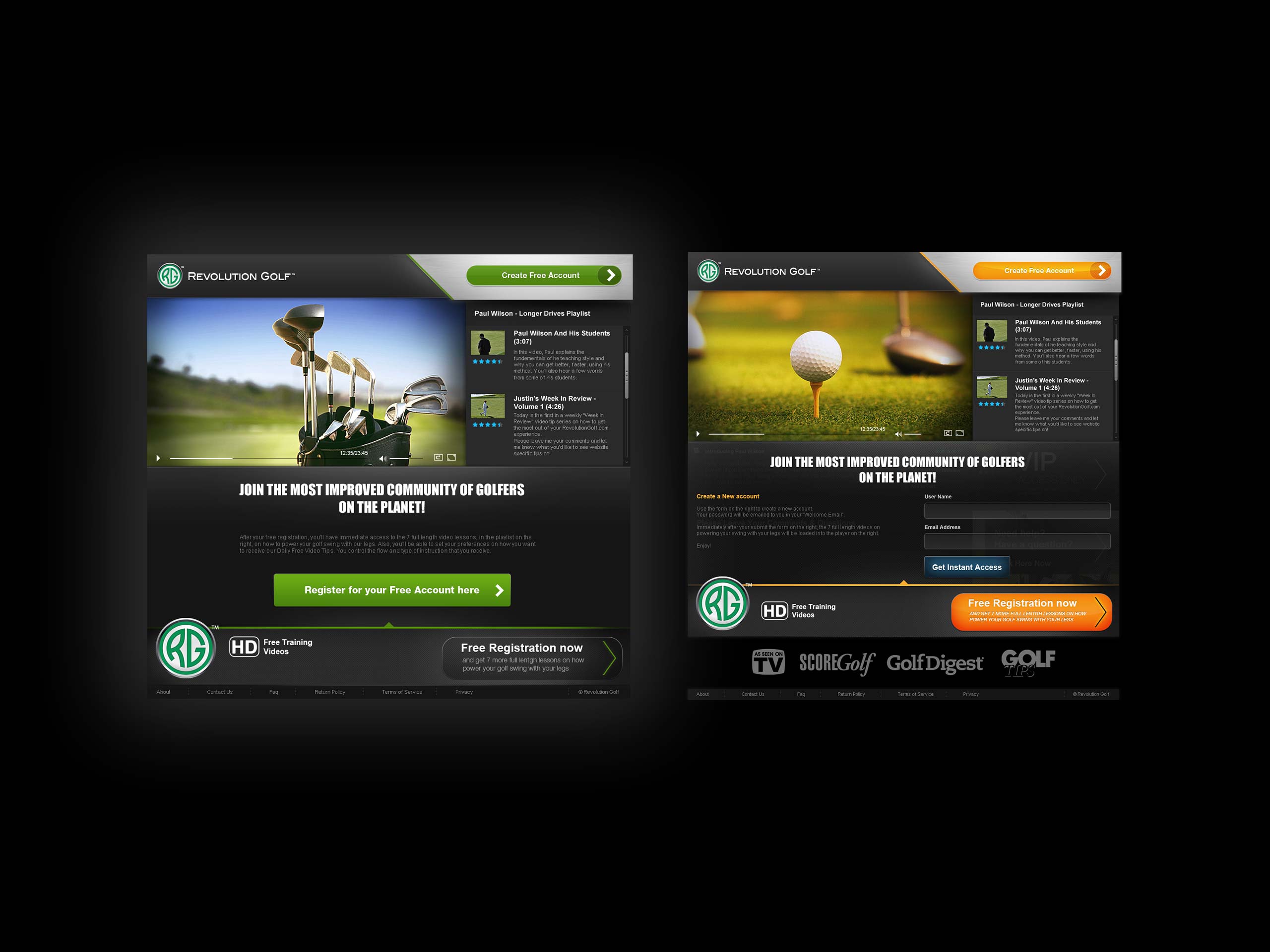Revolution Golf website and registration landing page designs featuring golf training videos, community content, and free account calls to action.