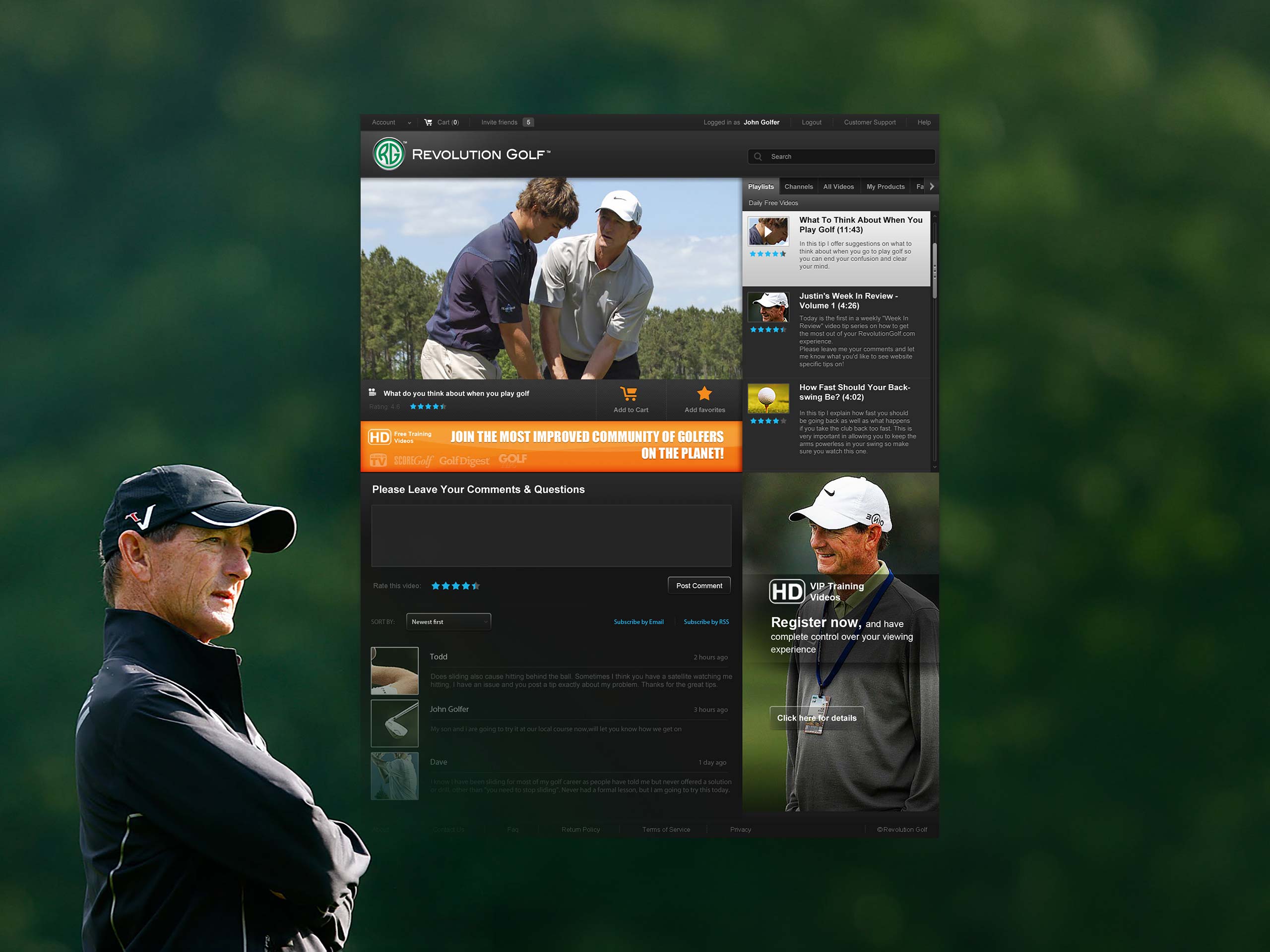 Revolution Golf video page interface featuring instructional golf content, community comments, related training videos, and VIP registration promotion.