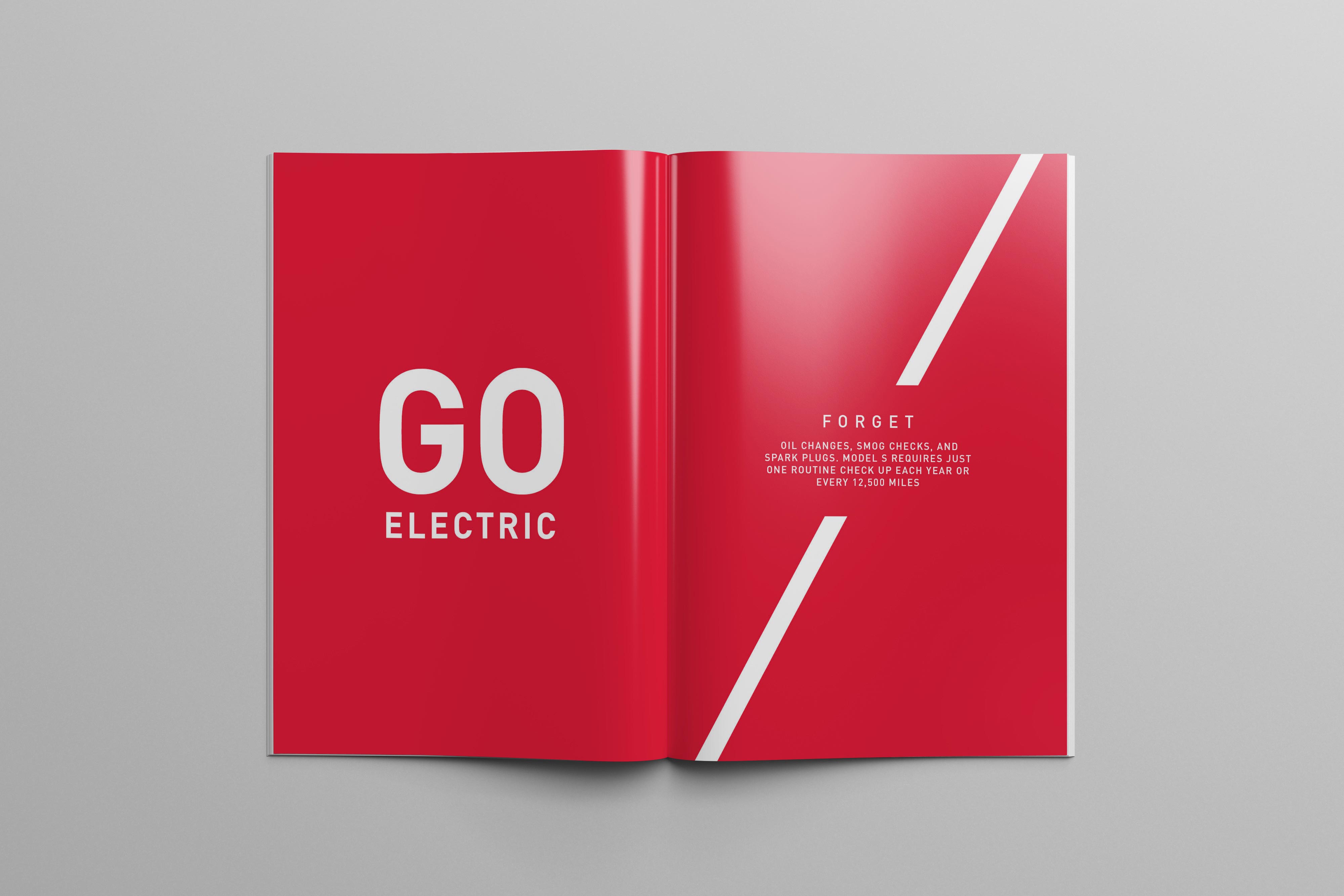 Tesla Model S catalog spread with a red background, large “Go Electric” typography, and a concise message about reduced maintenance.