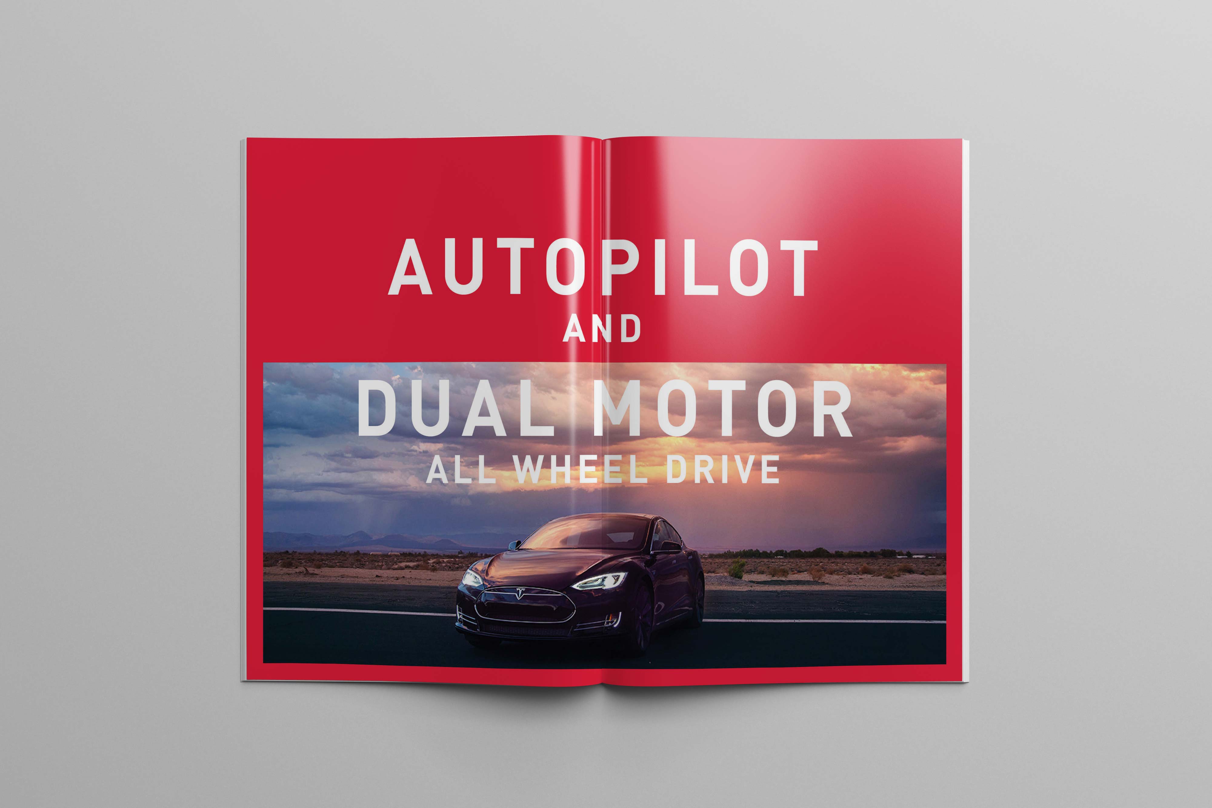 Tesla Model S catalog feature spread introducing Autopilot and Dual Motor all-wheel drive with full-width vehicle photography.