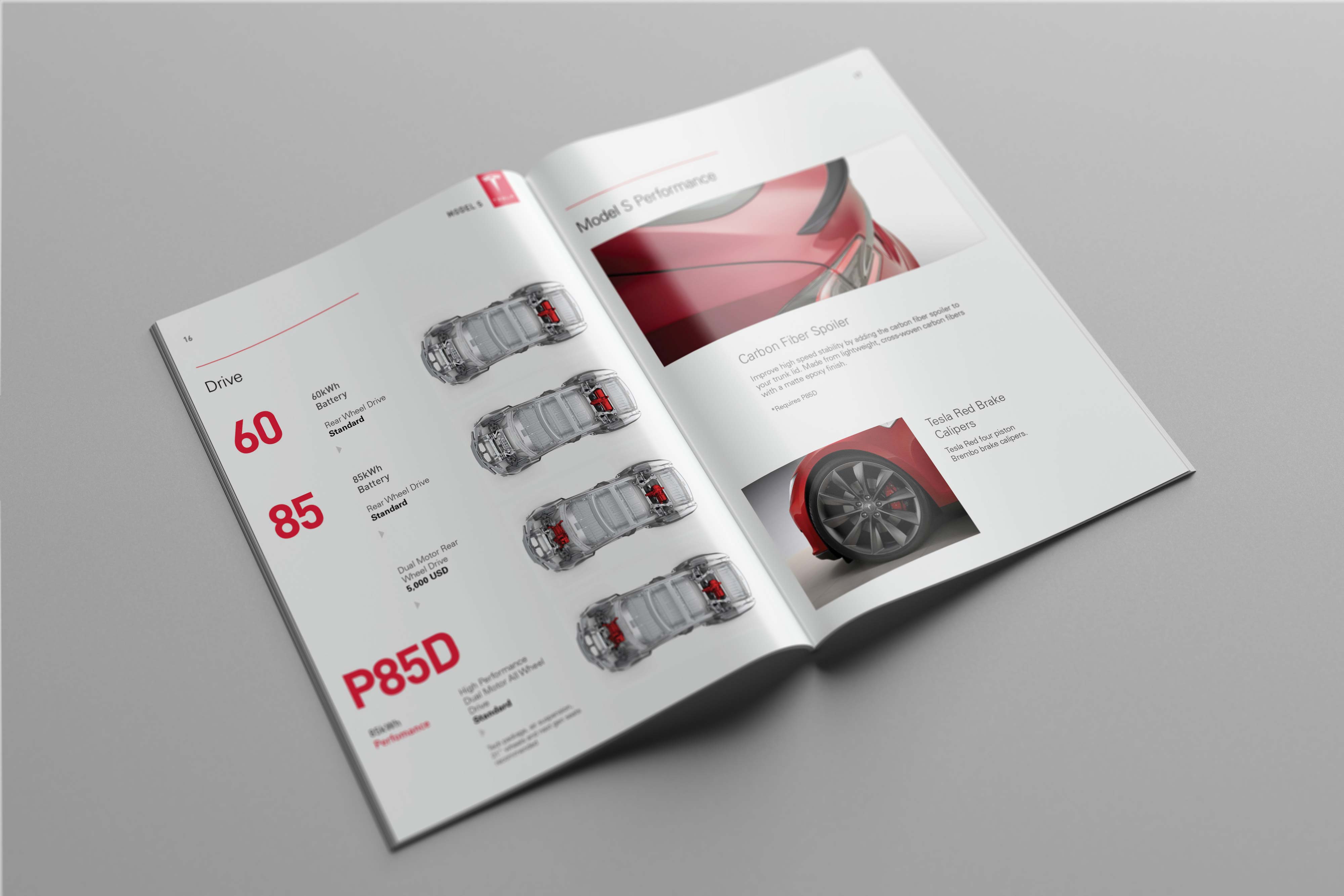 Tesla Model S catalog spread comparing drivetrain configurations and highlighting P85D performance features, including a carbon fiber spoiler and red brake calipers.