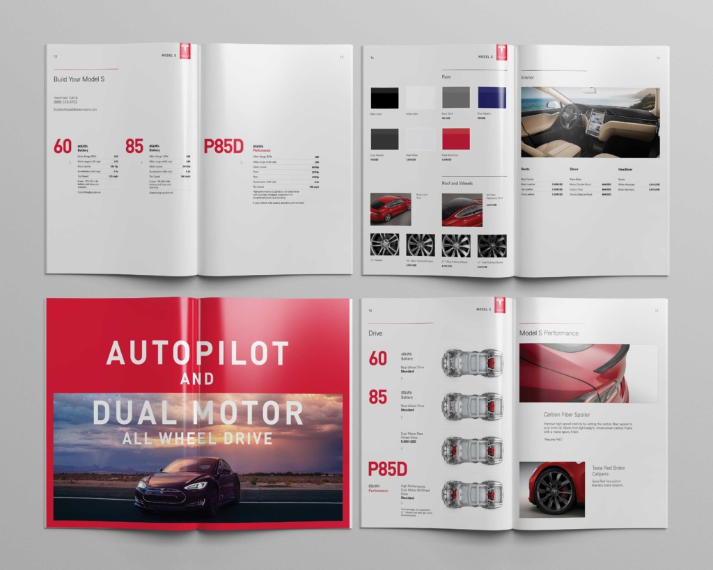 Four Tesla Model S catalog spreads presenting model configurations, customization options, Autopilot, Dual Motor all-wheel drive, and performance features.