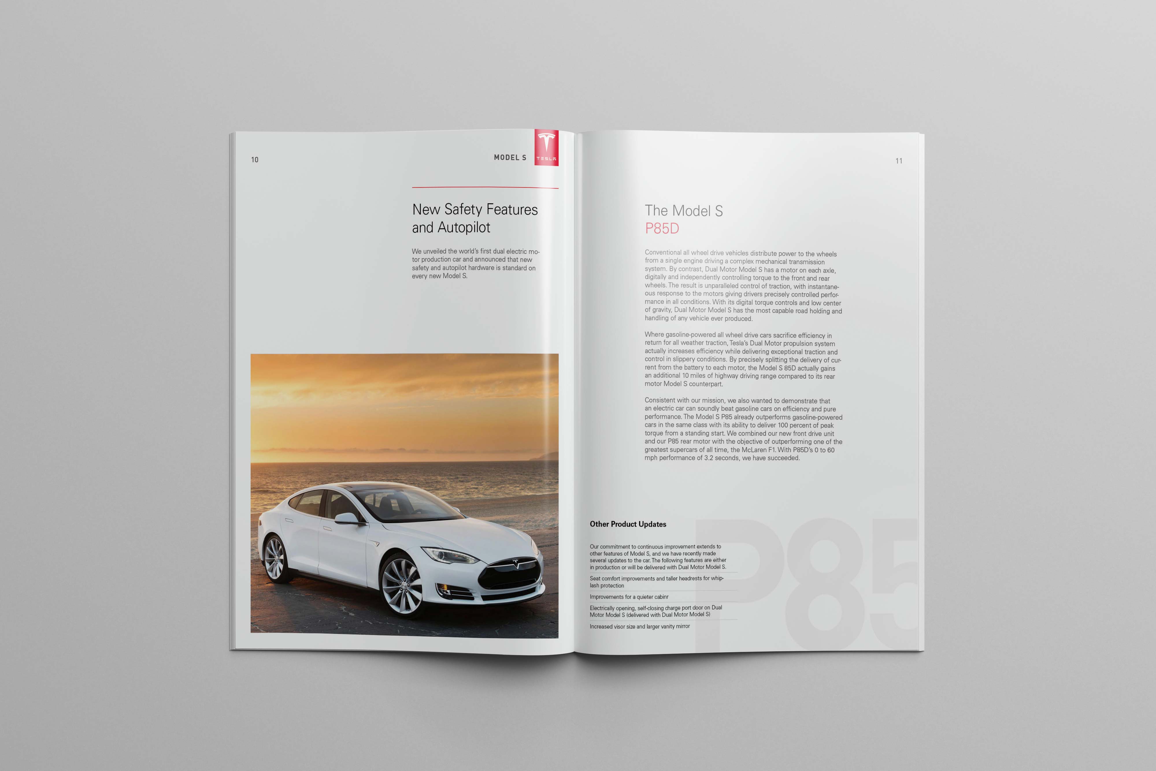 Tesla Model S catalog spread presenting new safety features, Autopilot, and P85D performance alongside a full-page vehicle photograph.